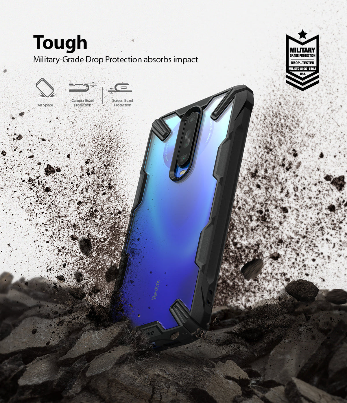 Redmi K30 Case | Fusion-X - Blue Redmi K30 in a black protective case standing in dirt with military-grade drop protection.