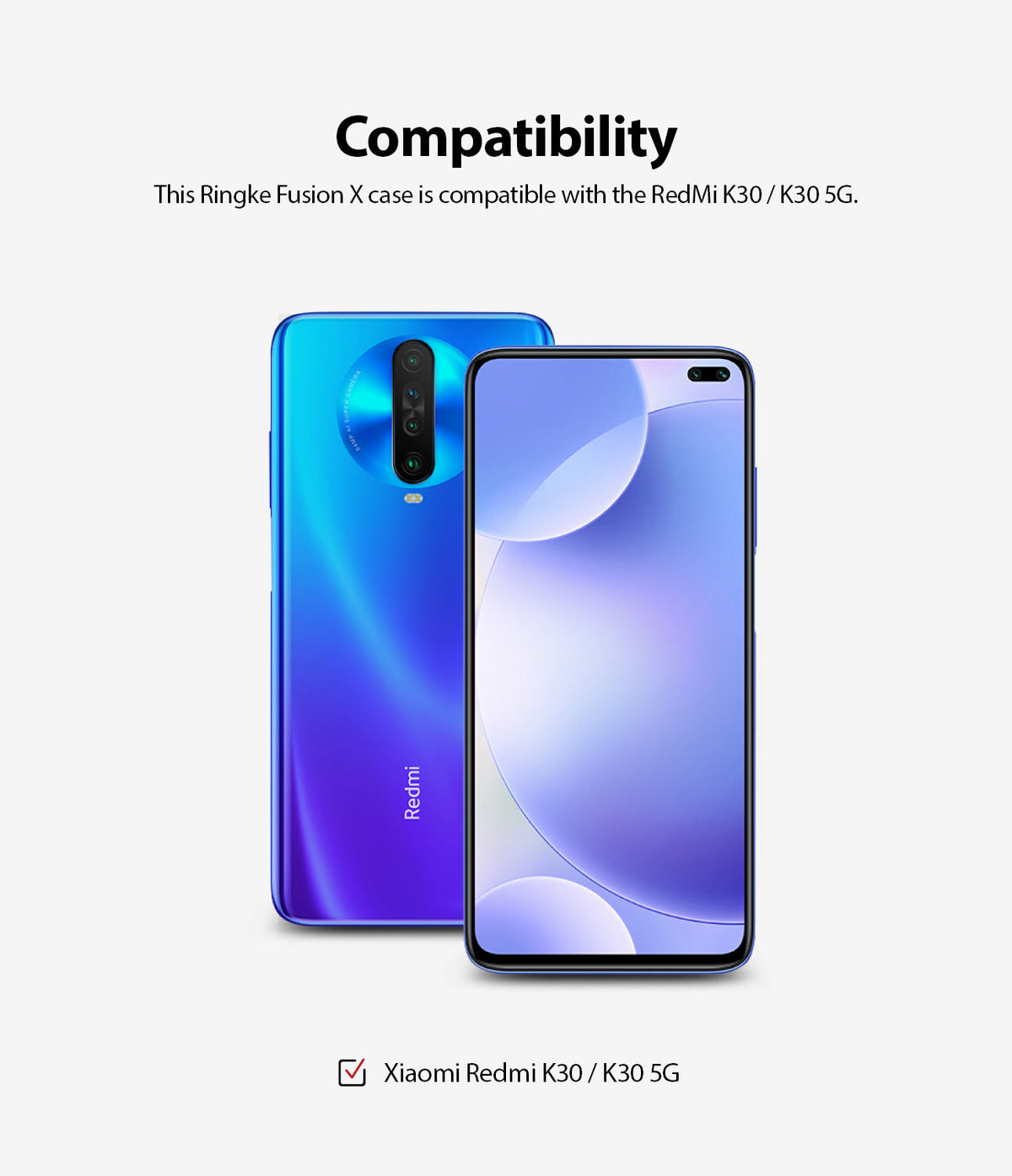 Redmi K30 Case | Fusion-X - Front and back view of a blue Redmi K30 smartphone showing compatibility with the Fusion-X case.