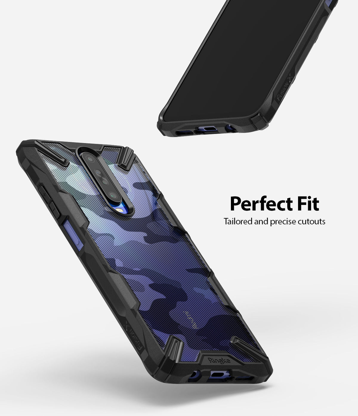Redmi K30 Case | Fusion-X - Black rugged phone case with blue camo back, shown from front and back angles with precise cutouts.