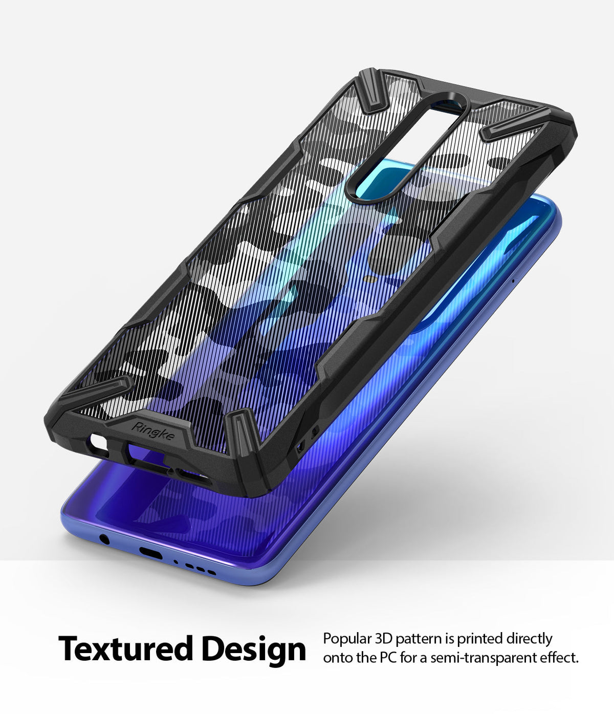 Redmi K30 Case | Fusion-X - Black protective phone case with 3D camouflage pattern hovering above a blue smartphone.