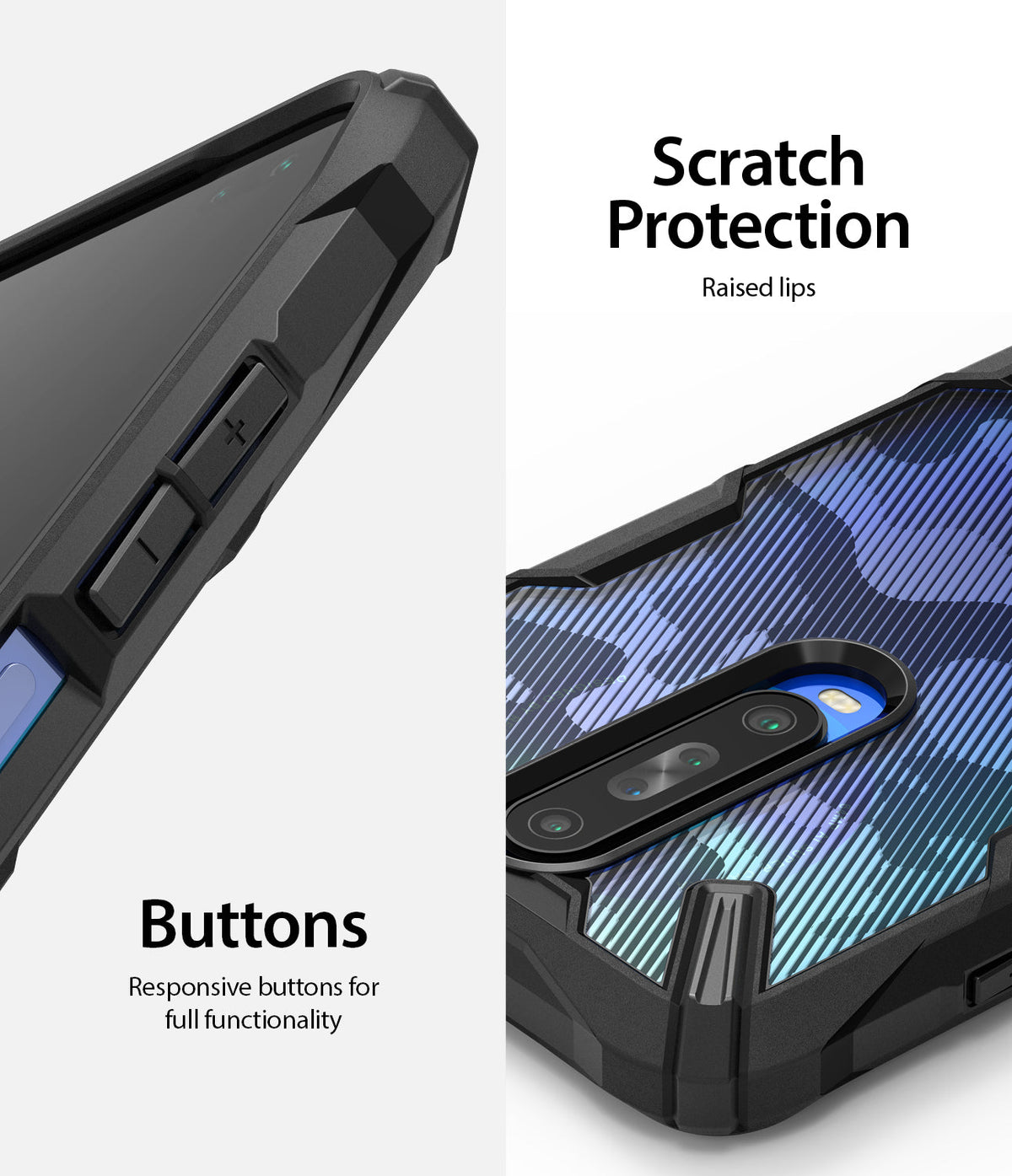Redmi K30 Case | Fusion-X - Close-up of phone case showing raised edges for screen protection and responsive side buttons.