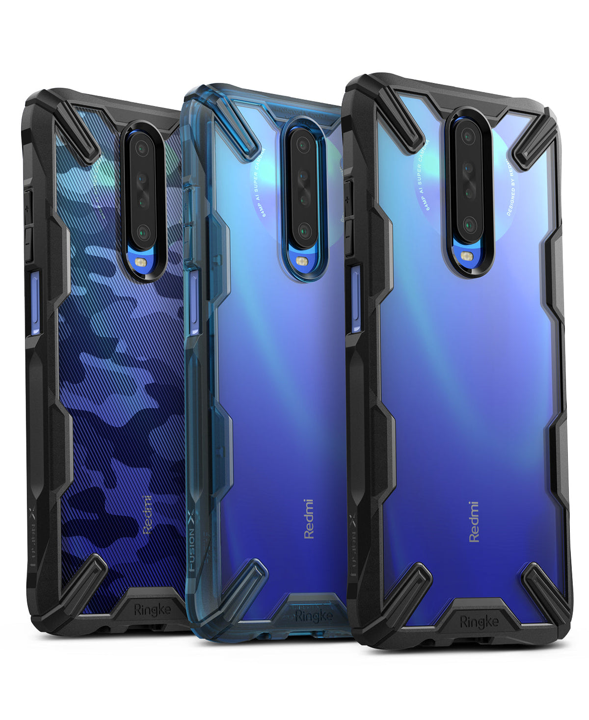 Redmi K30 Case | Fusion-X - Three Redmi K30 phones in rugged, transparent Fusion-X cases with black bumpers and blue accents.