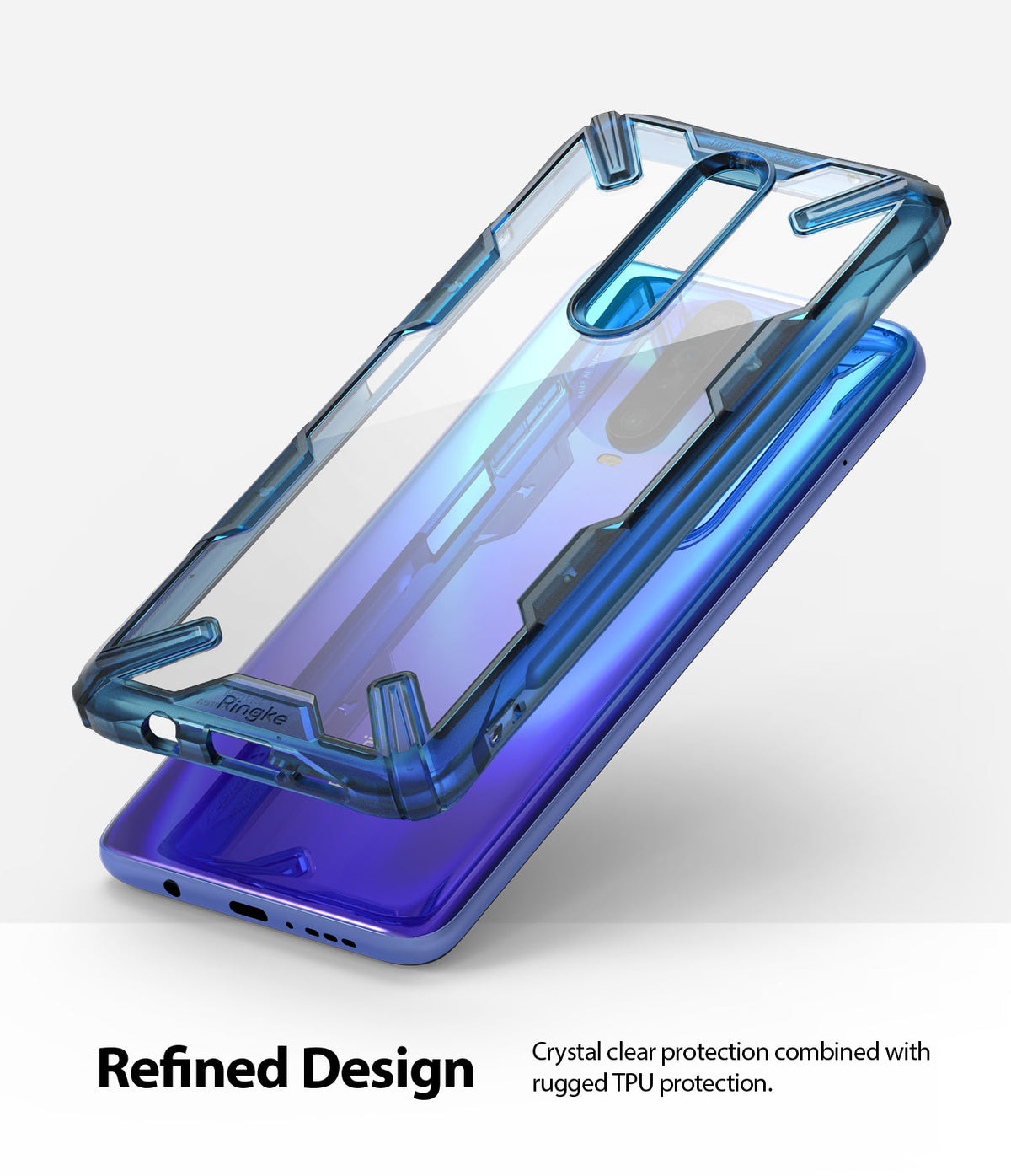 Redmi K30 Case | Fusion-X - Clear, rugged blue-accented phone case hovering above a blue Redmi K30 smartphone.