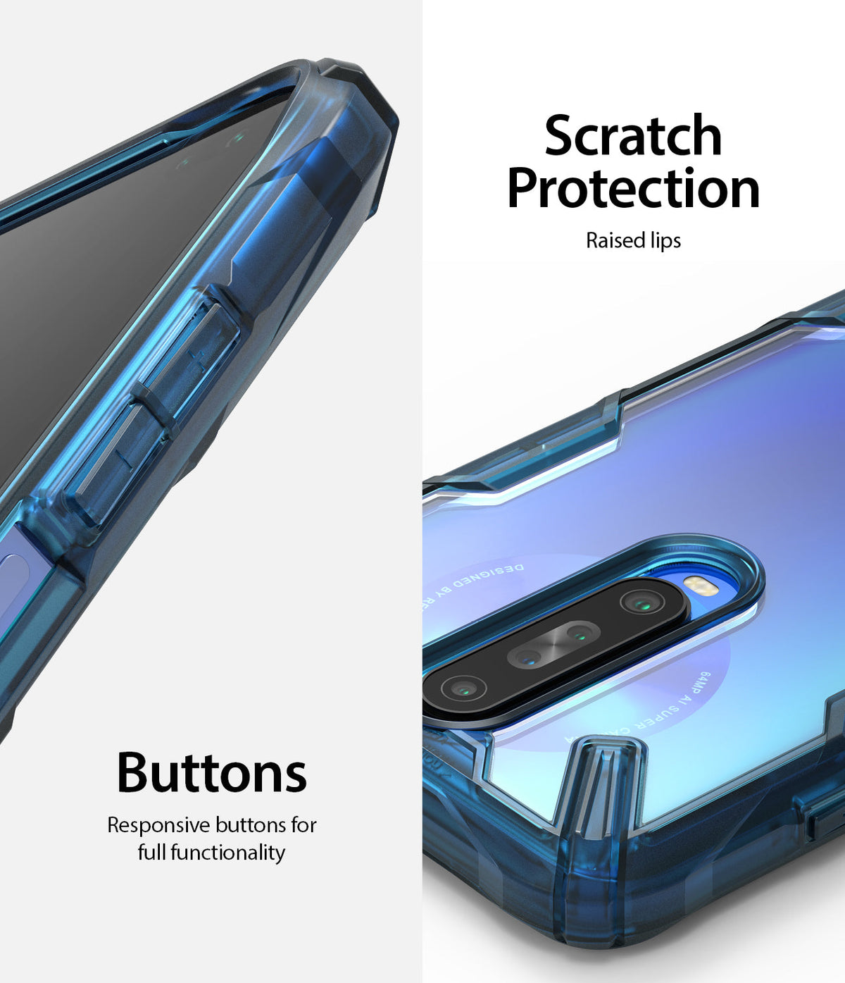 Redmi K30 Case | Fusion-X - Blue protective phone case highlighting responsive buttons and raised lips for scratch protection.