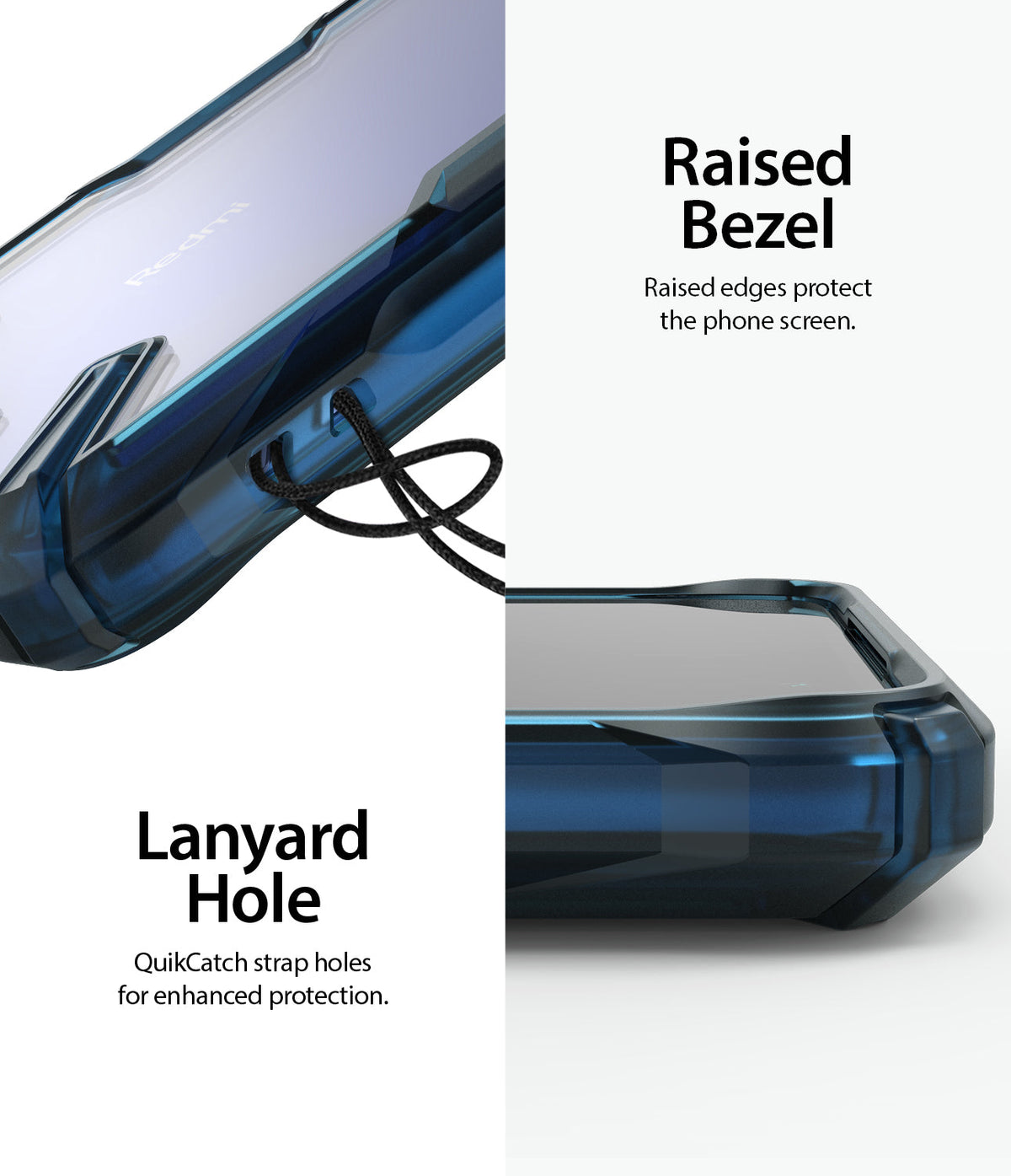 Redmi K30 Case | Fusion-X - Close-up of blue phone case showing raised screen bezels and integrated lanyard hole with strap.