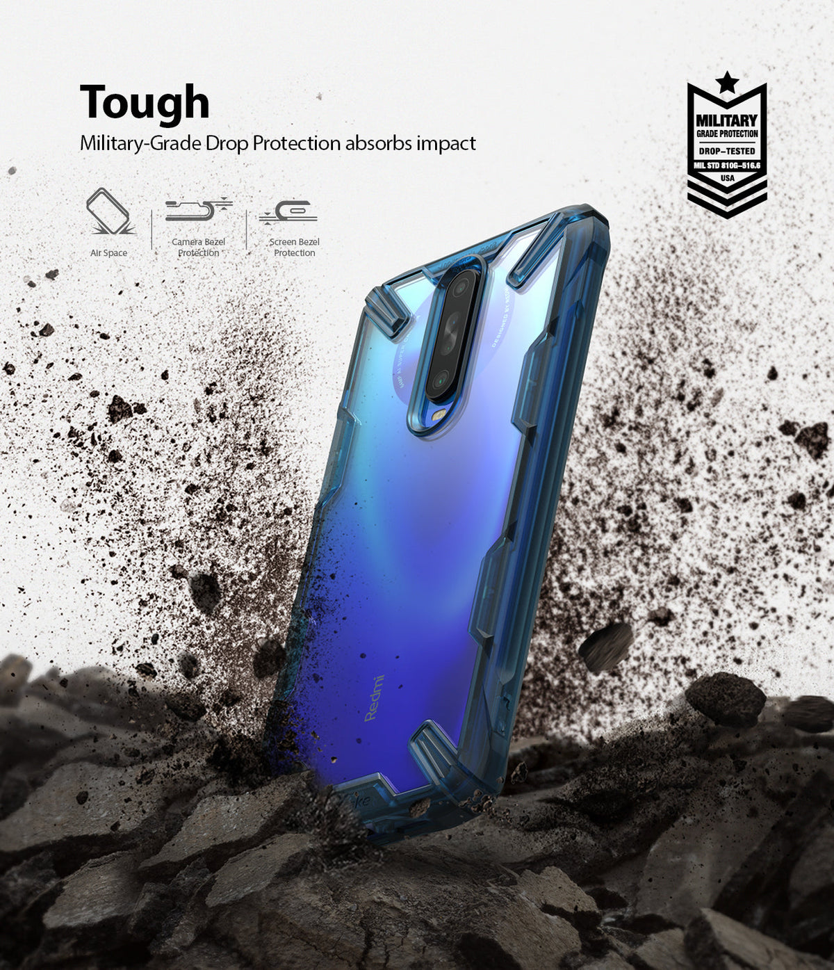 Redmi K30 Case | Fusion-X - Blue protective phone case standing in dirt with military-grade drop protection icons.