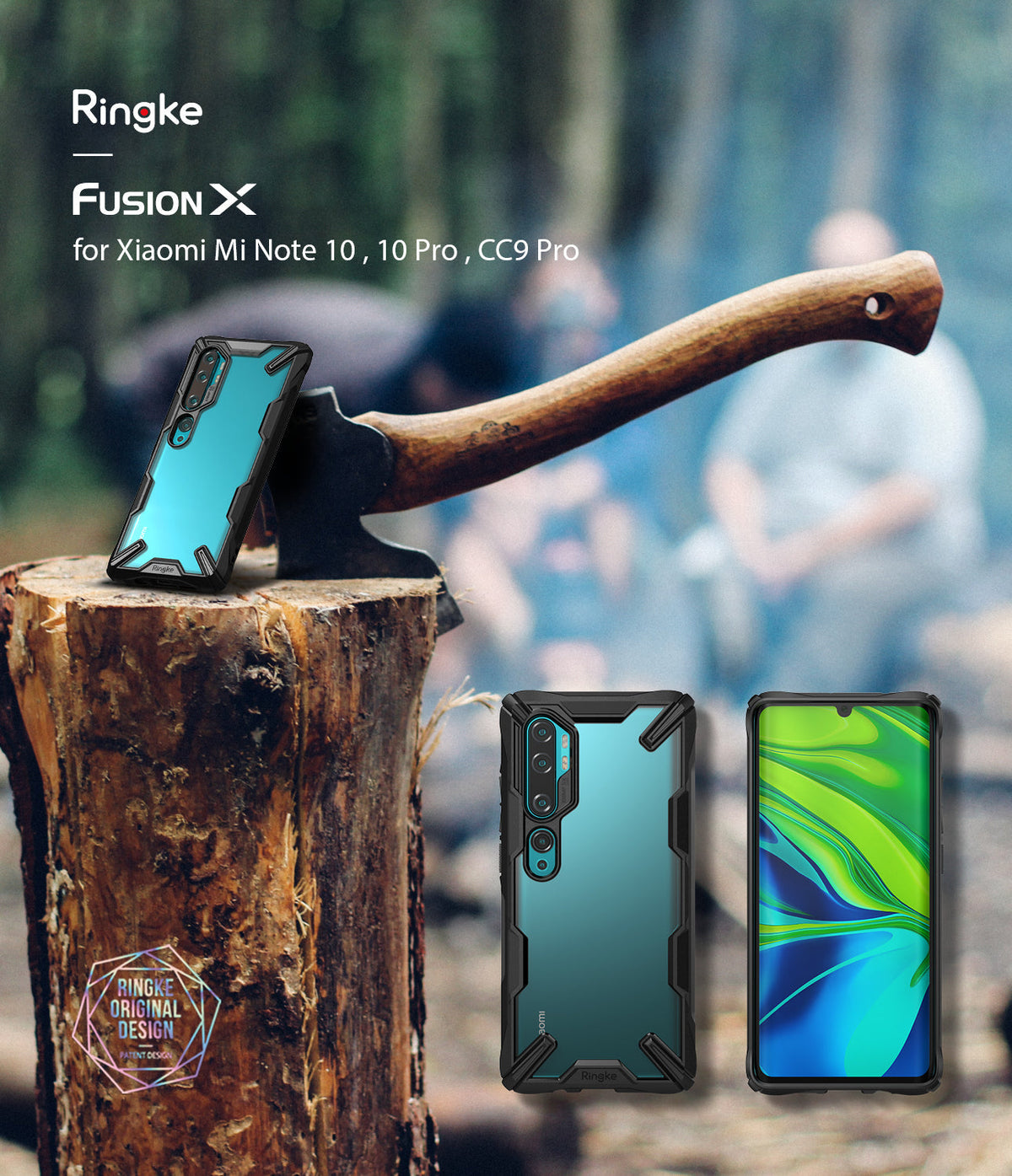 Mi Note 10 / 10 Pro Case | Fusion-X - A rugged black phone case on a smartphone, displayed against a rustic wood-chopping background.