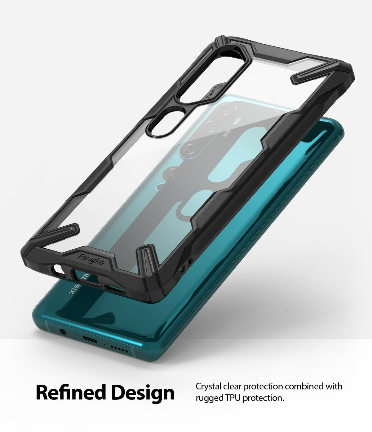 Mi Note 10 / 10 Pro Case | Fusion-X - A clear phone case with a rugged black bumper hovering over a teal smartphone.