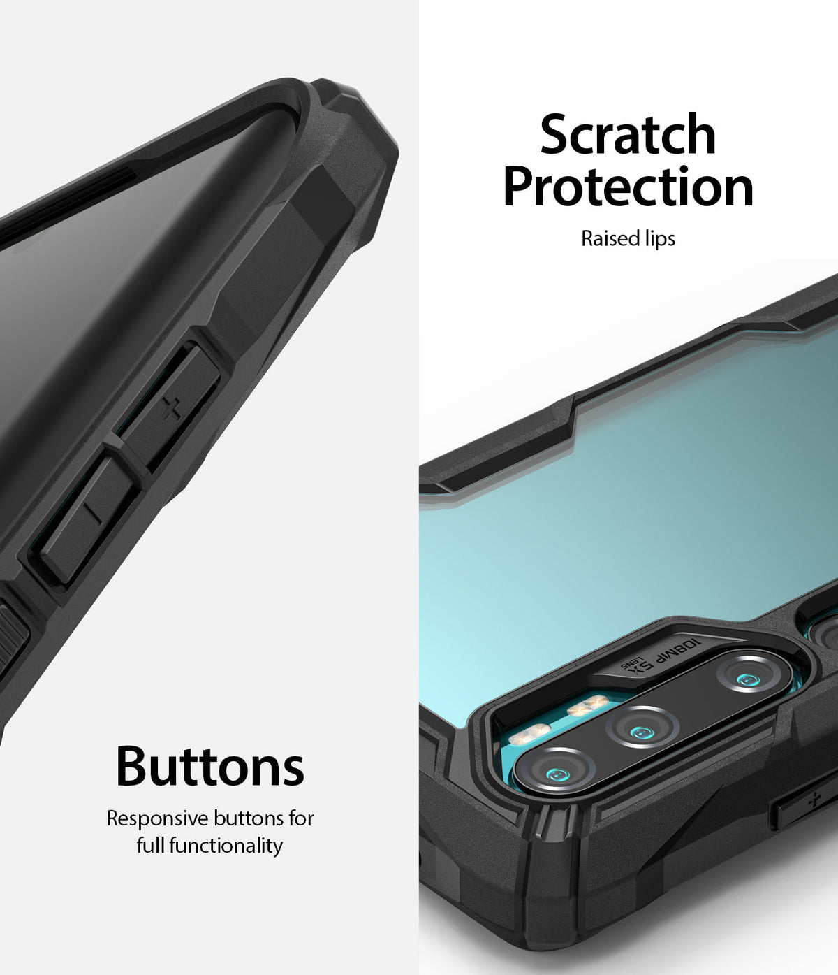 Mi Note 10 / 10 Pro Case | Fusion-X - Close-up of phone case showing responsive buttons and raised lips for camera protection.