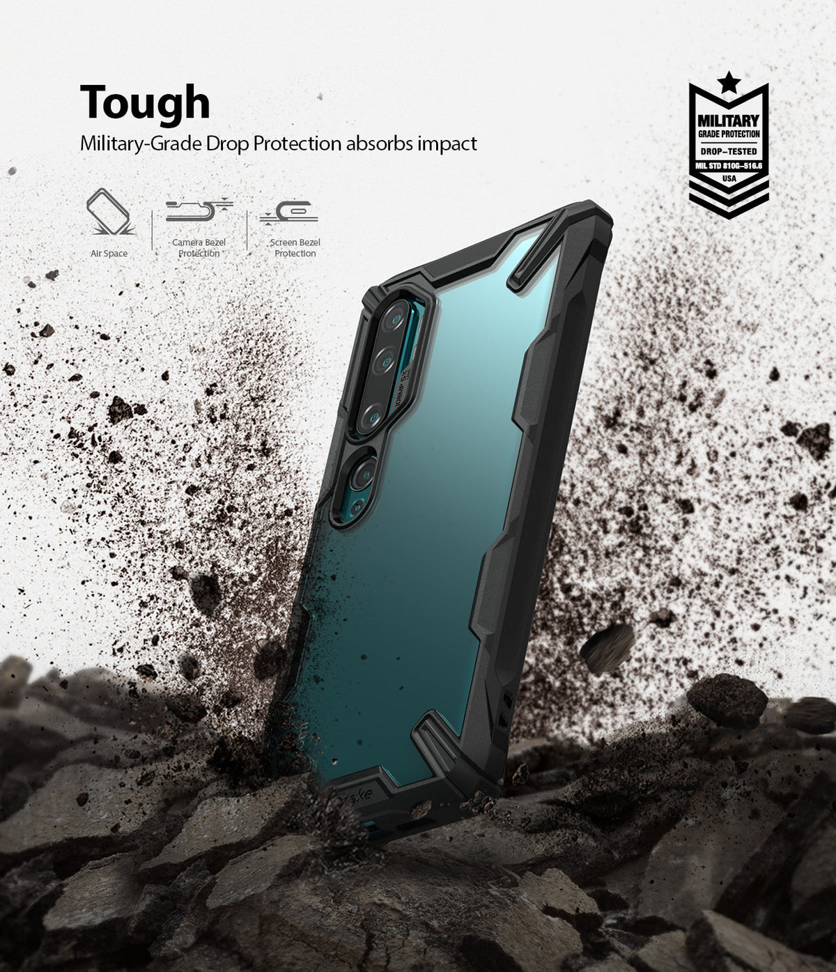 Mi Note 10 / 10 Pro Case | Fusion-X - Rugged black phone case with clear back, shown hitting dirt with debris flying.