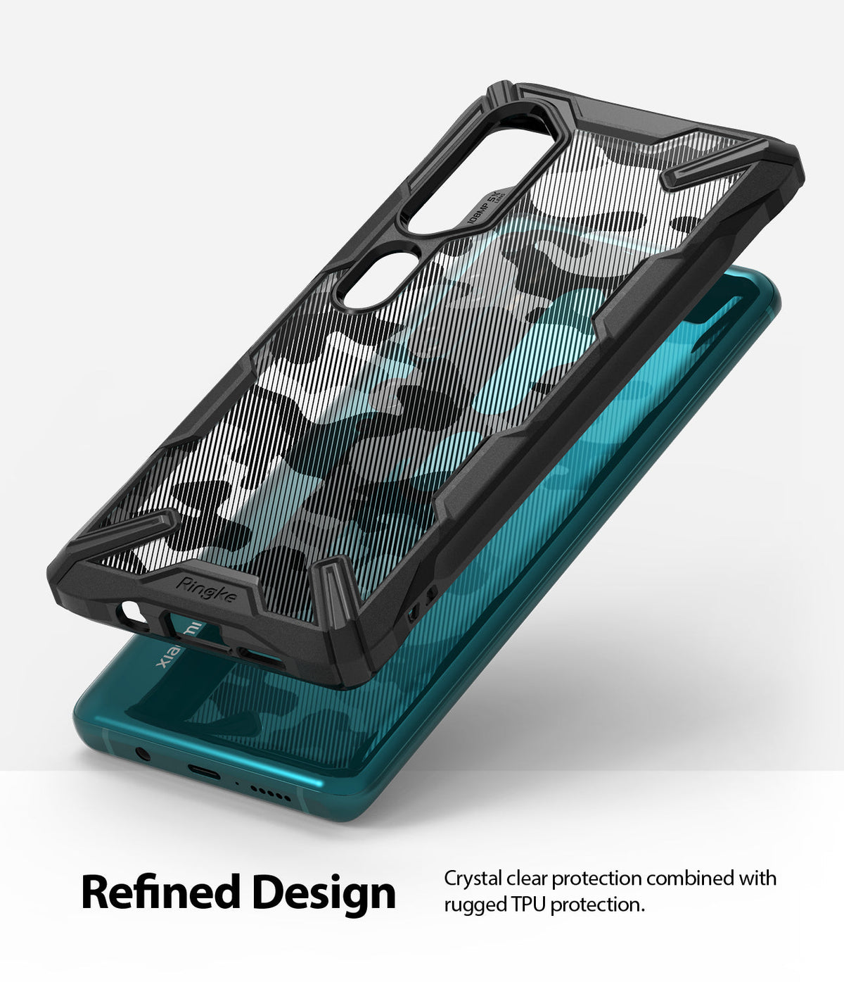 Mi Note 10 / 10 Pro Case | Fusion-X - Rugged black phone case with camo pattern hovering over a teal smartphone.