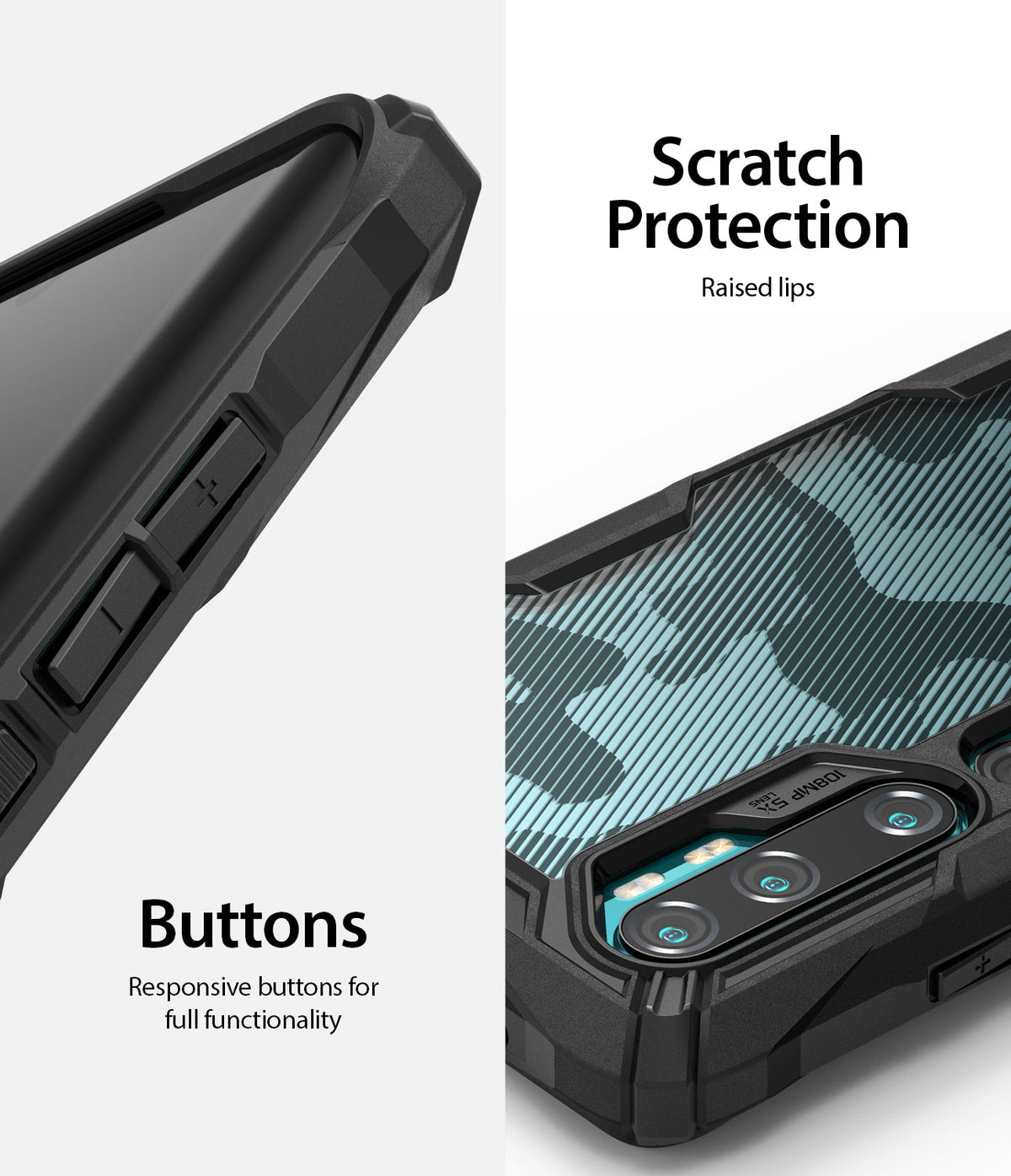 Mi Note 10 / 10 Pro Case | Fusion-X - Close-up of black phone case showing responsive side buttons and raised camera protection.