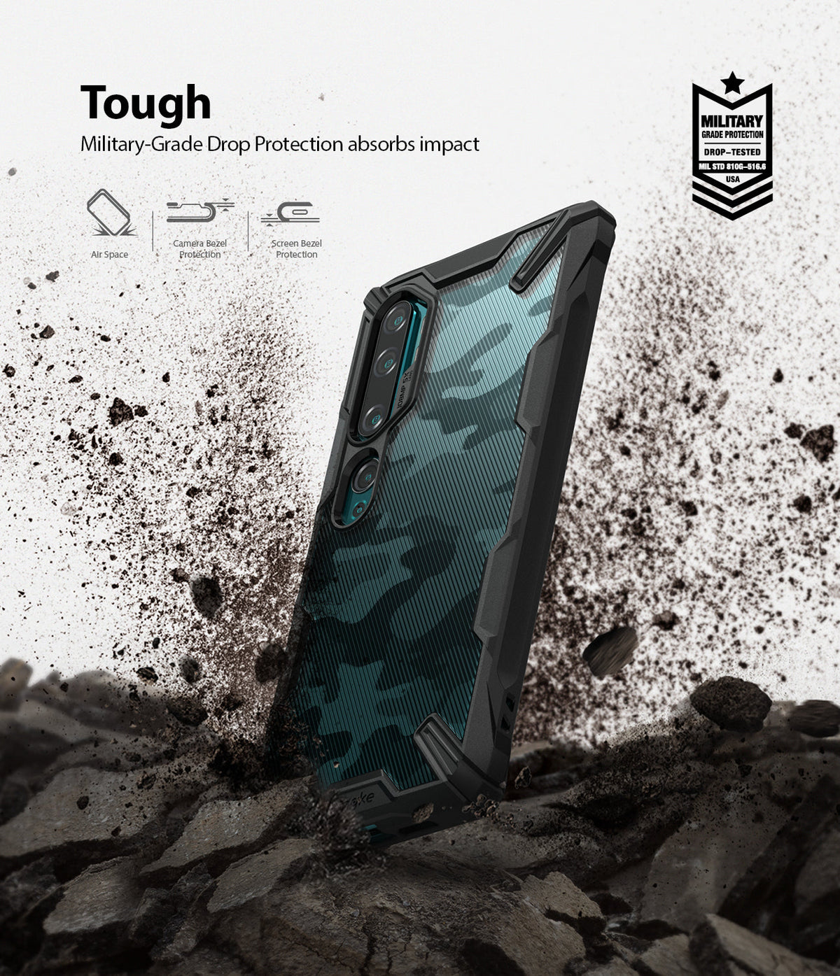 Mi Note 10 / 10 Pro Case | Fusion-X - Camouflage phone case with black frame standing in dirt, highlighting military-grade drop protection.