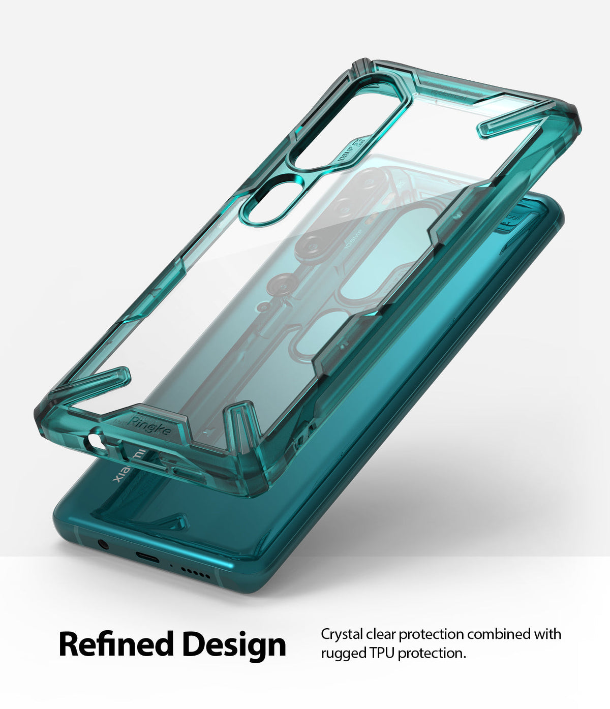 Mi Note 10 / 10 Pro Case | Fusion-X - Transparent teal rugged phone case with reinforced corners and camera cutouts.