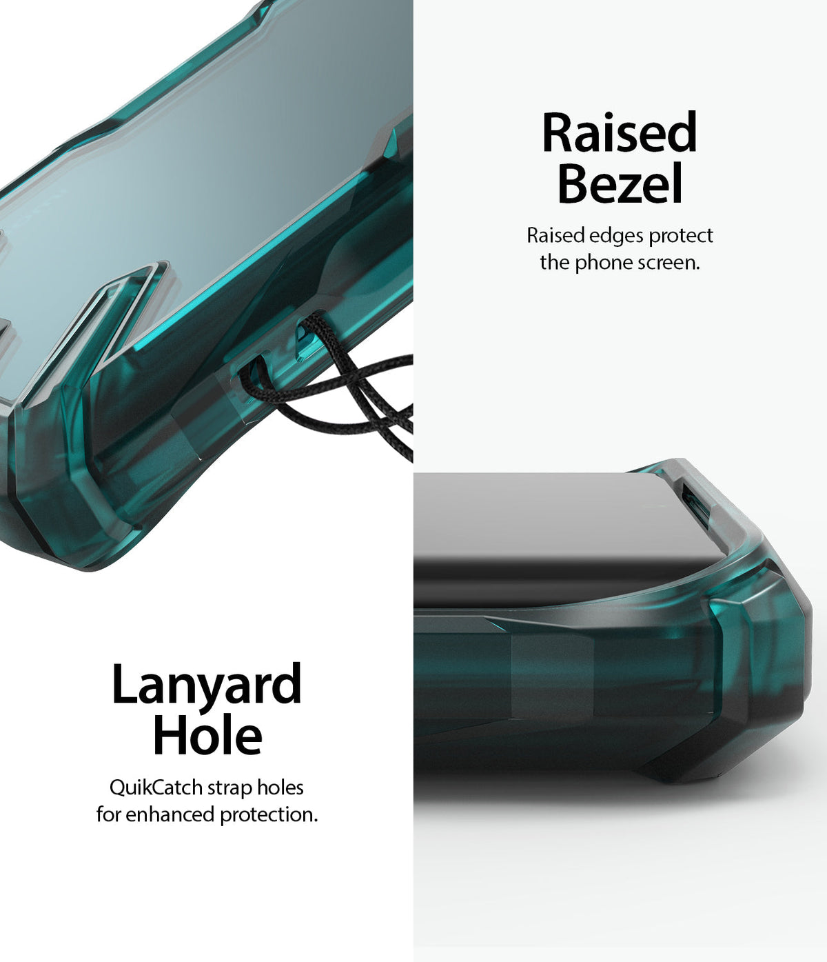 Mi Note 10 / 10 Pro Case | Fusion-X - Teal transparent phone case showing a lanyard hole and raised screen protection.