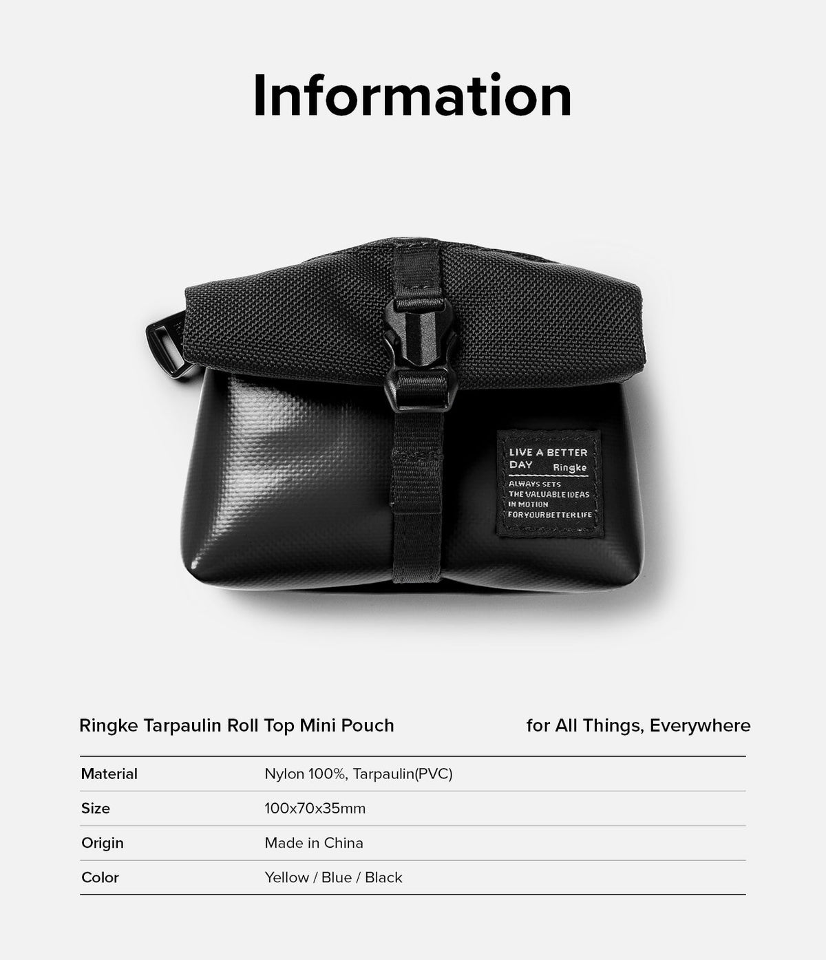 Mini Pouch Tarpaulin | Roll Top - Black roll-top mini pouch with a buckle strap and branded patch on a white background.