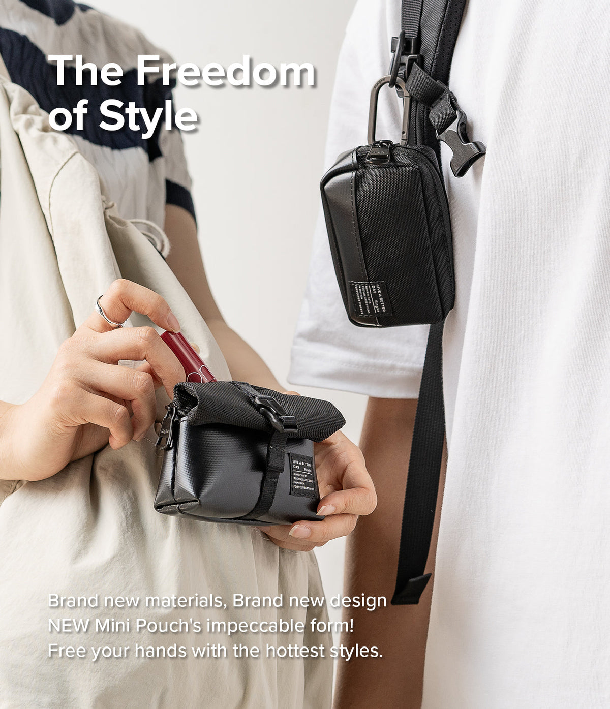Mini Pouch Tarpaulin | Roll Top - Person placing lipstick into a black roll-top pouch while another wears a matching pouch.