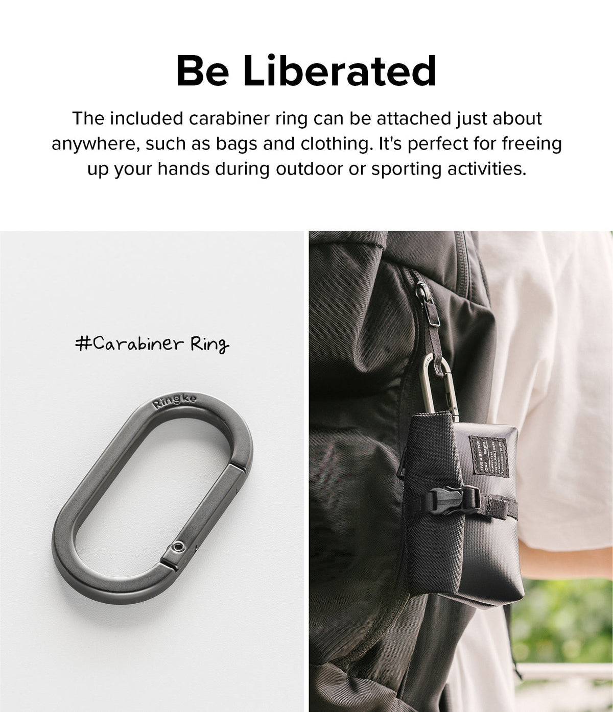 Mini Pouch Tarpaulin | Roll Top - A black carabiner ring and a mini pouch attached to a backpack strap.