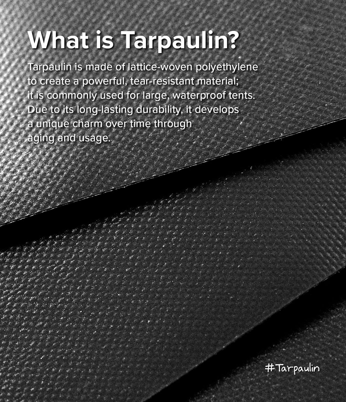 Mini Pouch Tarpaulin | Roll Top - Close-up of black, textured, lattice-woven tarpaulin material with explanatory text overlay.