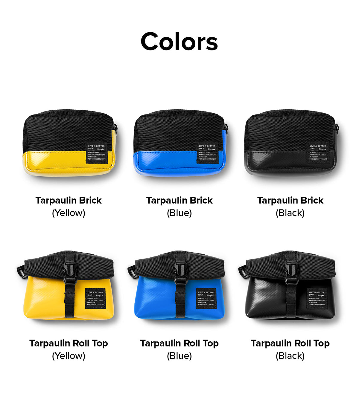 Mini Pouch Tarpaulin | Roll Top - Six mini pouches in yellow, blue, and black, shown in brick and roll-top styles with labels.