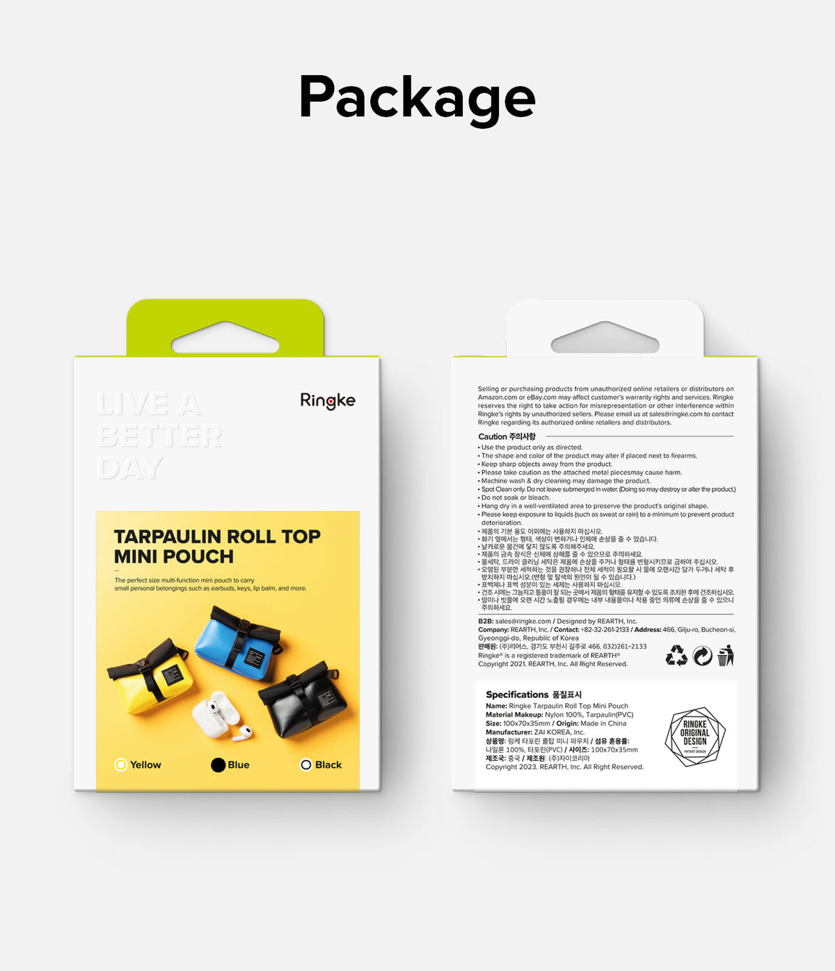 Mini Pouch Tarpaulin | Roll Top - Packaging showing product features, color options, and detailed specifications.