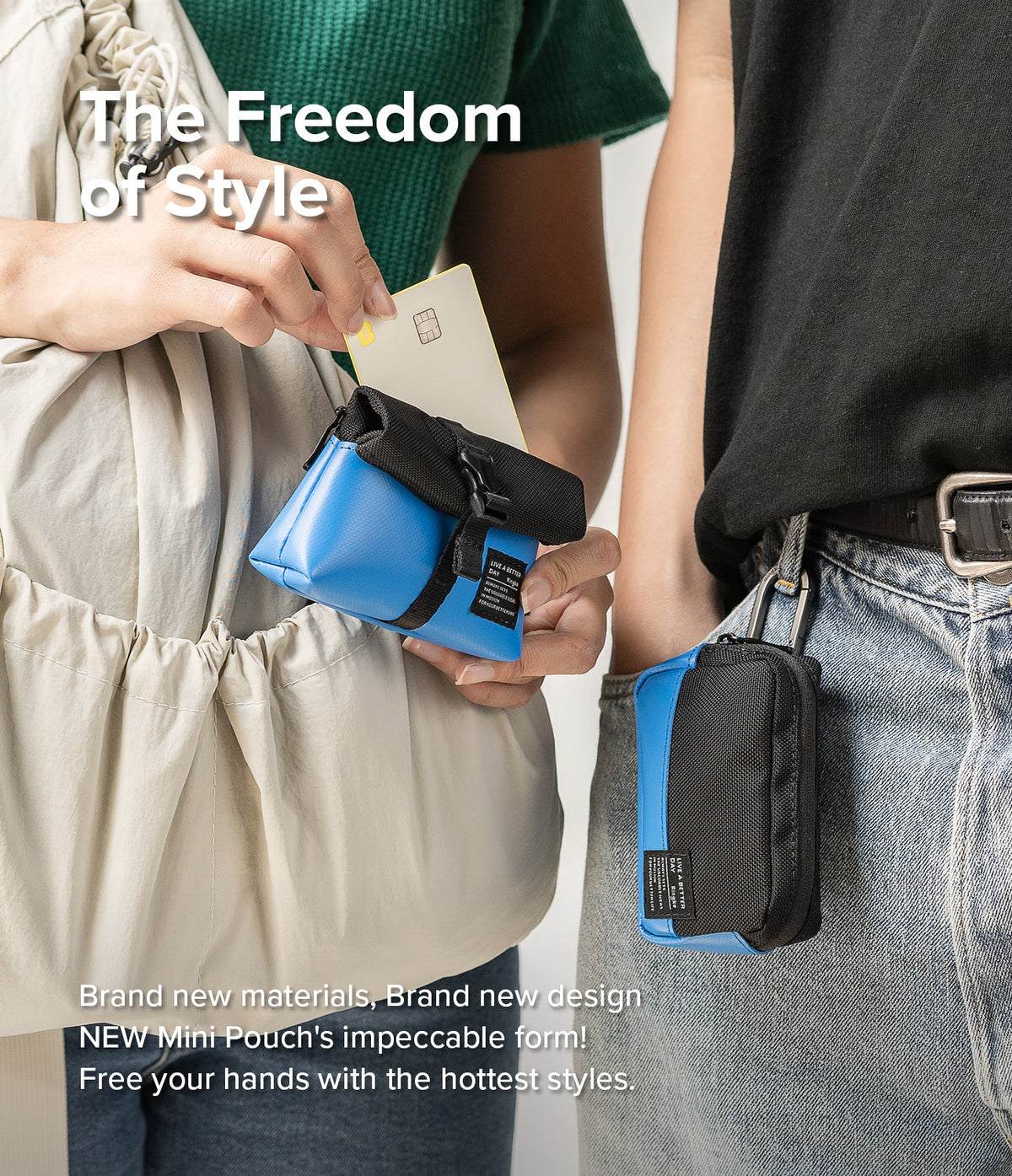 Mini Pouch Tarpaulin | Roll Top - Person inserting a card into a blue roll-top pouch while another hangs from a belt loop.