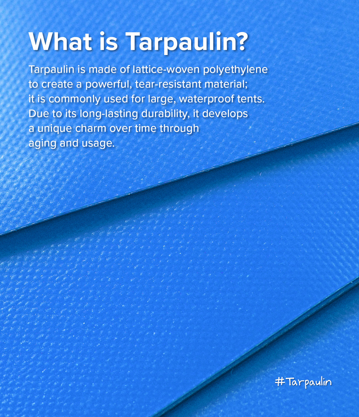 Mini Pouch Tarpaulin | Roll Top - Blue tarpaulin material with a textured, woven surface and text explaining its durability.