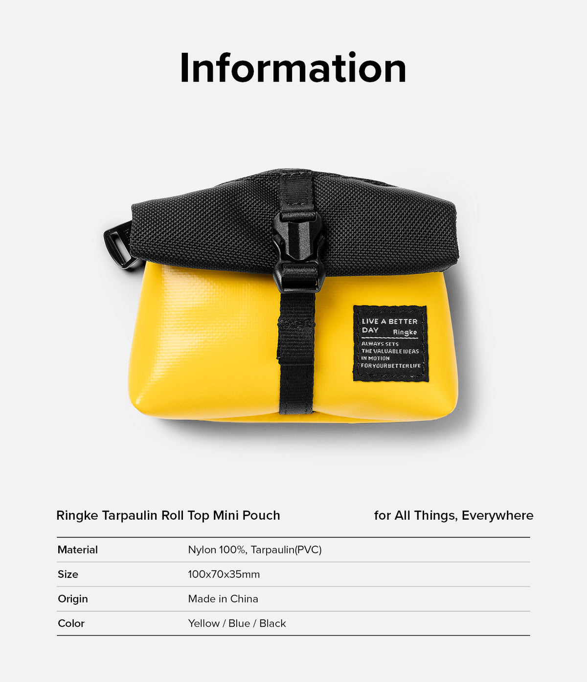 Mini Pouch Tarpaulin | Roll Top - Yellow tarpaulin mini pouch with a black roll-top closure, buckle, and branded fabric label.