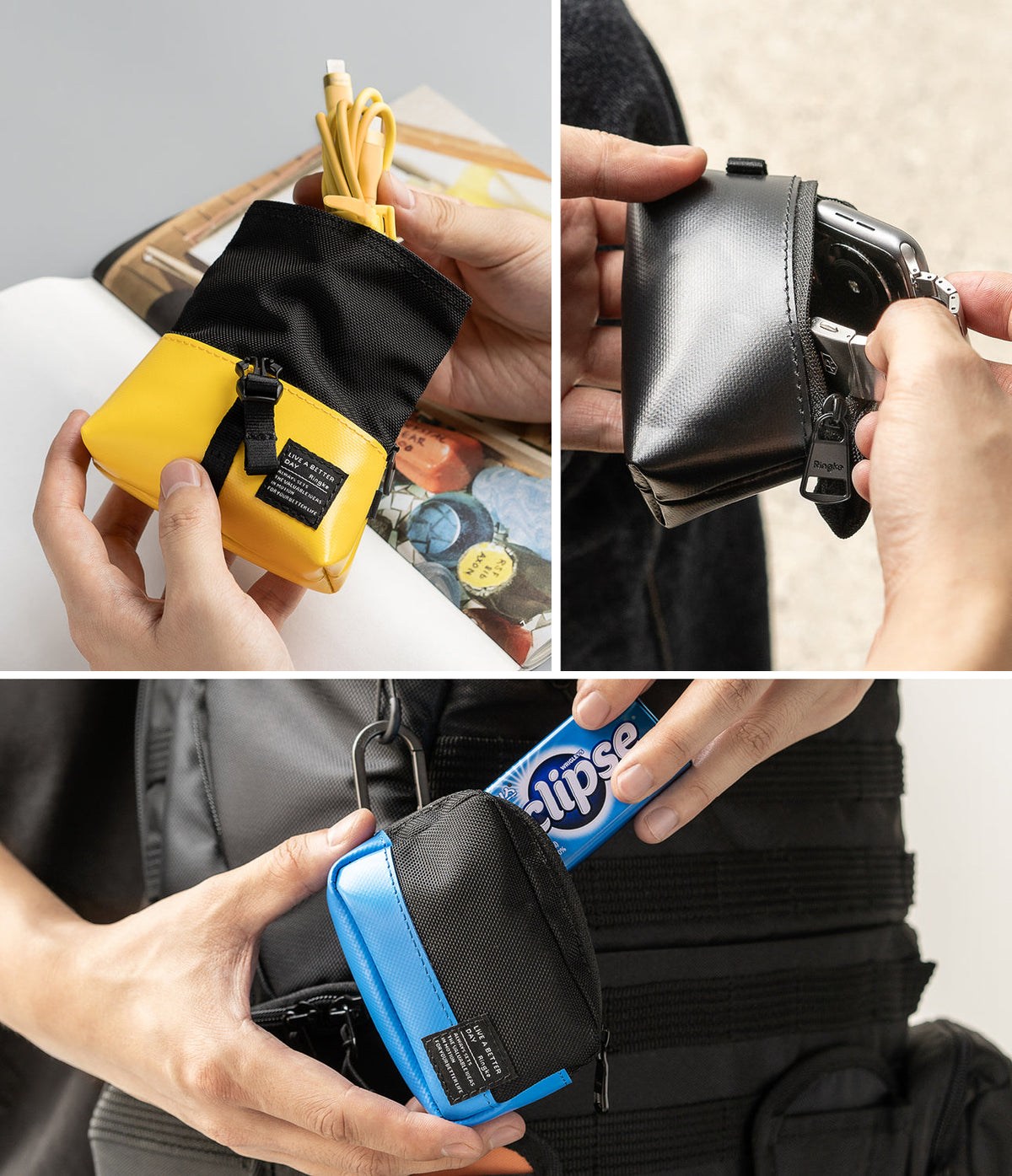 Mini Pouch Tarpaulin | Roll Top - Three views of colorful, compact tarpaulin pouches holding cables, a watch, and gum.