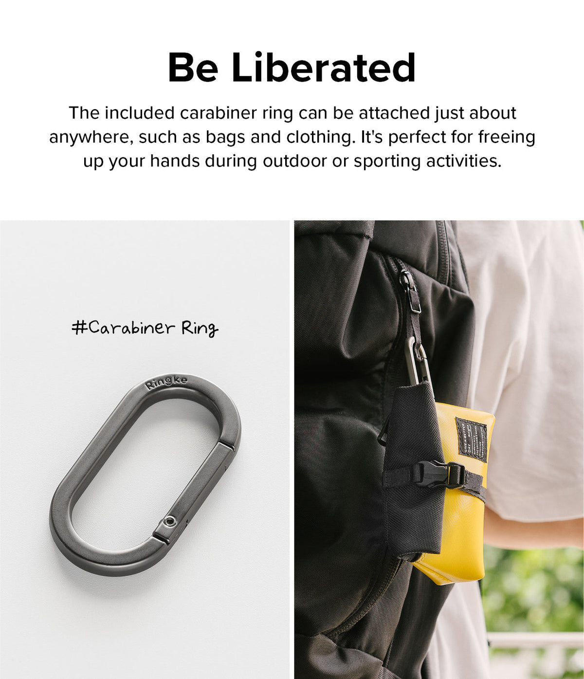 Mini Pouch Tarpaulin | Roll Top - A metal carabiner ring and a yellow roll-top pouch clipped to a black backpack.