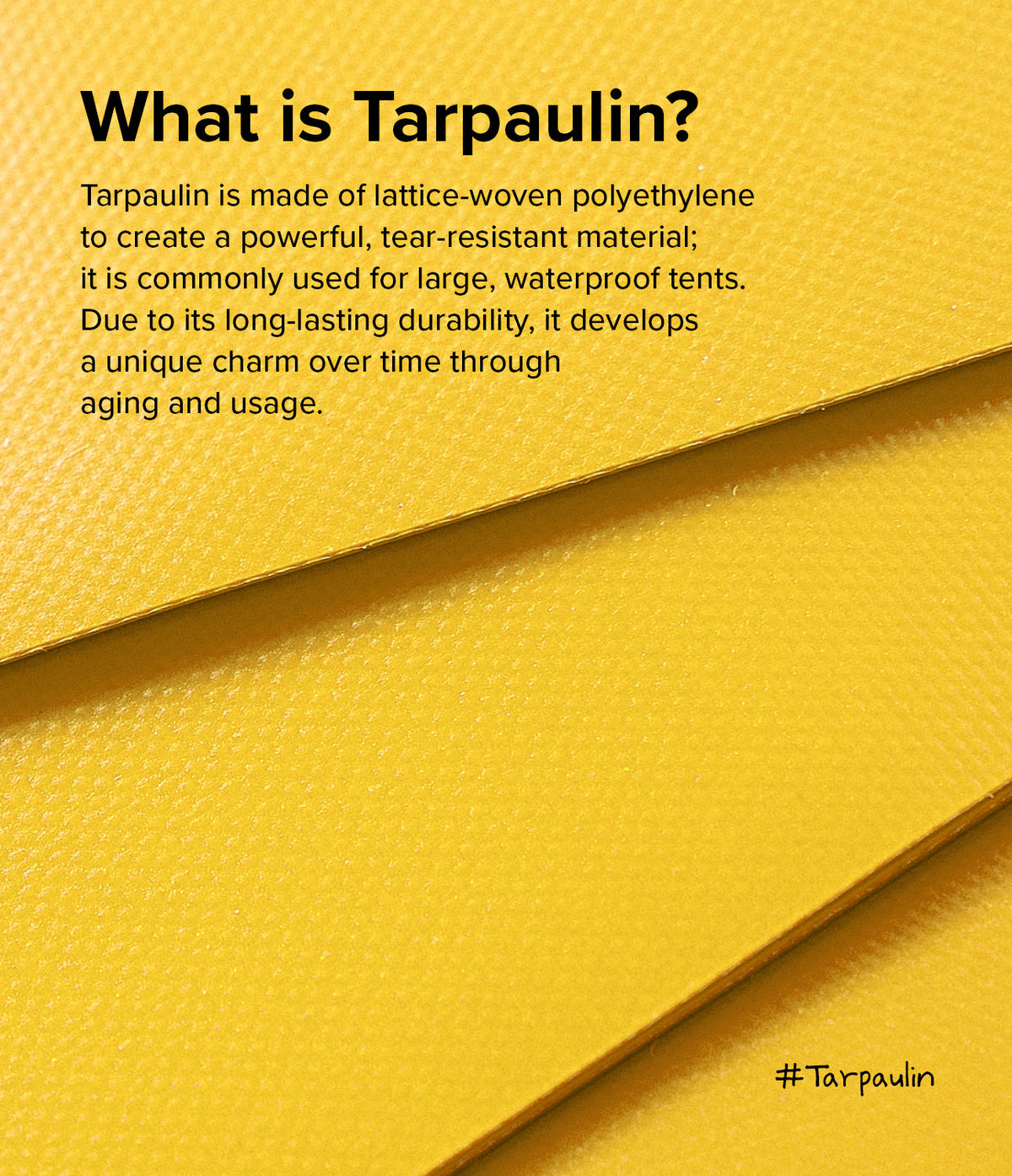 Mini Pouch Tarpaulin | Roll Top - Text explaining tarpaulin material overlaid on a textured, bright yellow fabric background.