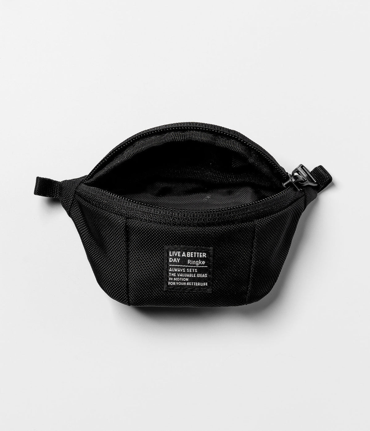 Mini Pouch | Sling Bag - Open black textured fabric pouch with a branded patch on a white background.