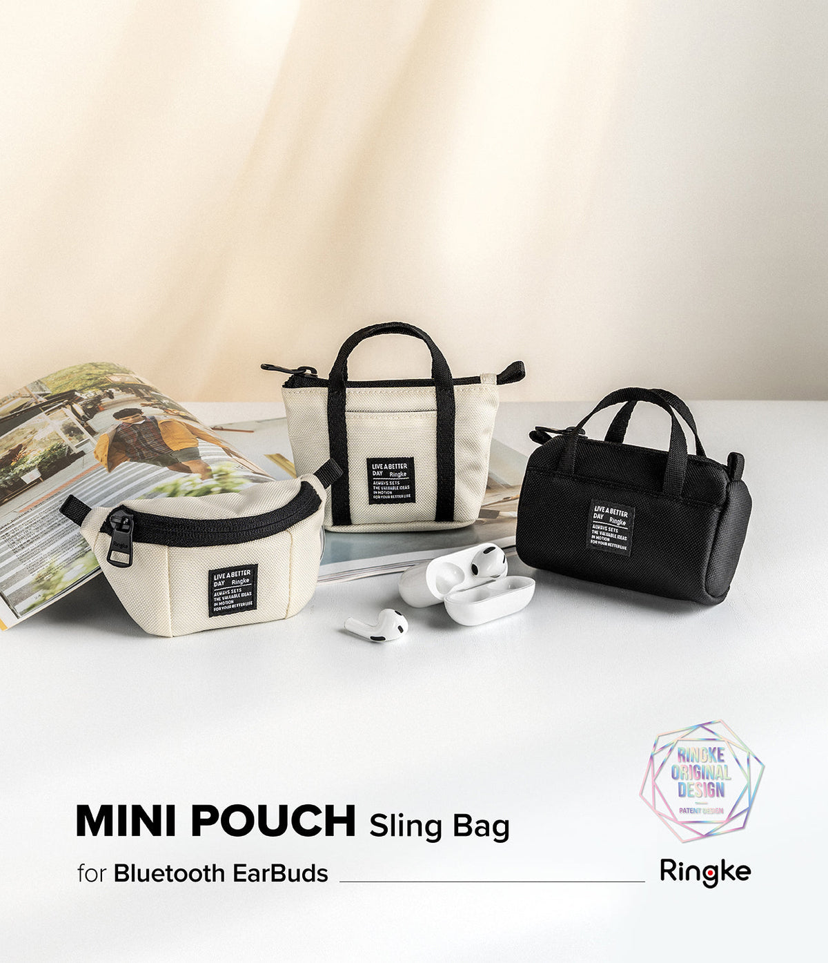 Mini Pouch | Sling Bag - Three miniature canvas bags in beige and black, displayed with white wireless earbuds on a table.
