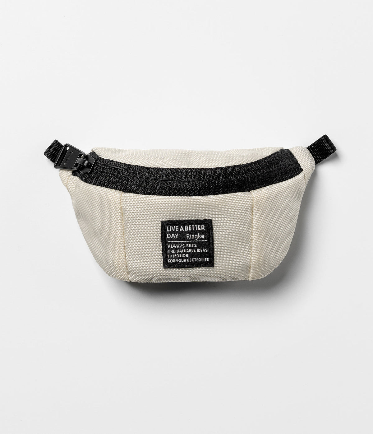 Mini Pouch | Sling Bag - Cream-colored mini sling bag with a black zipper and a rectangular brand patch on a white background.
