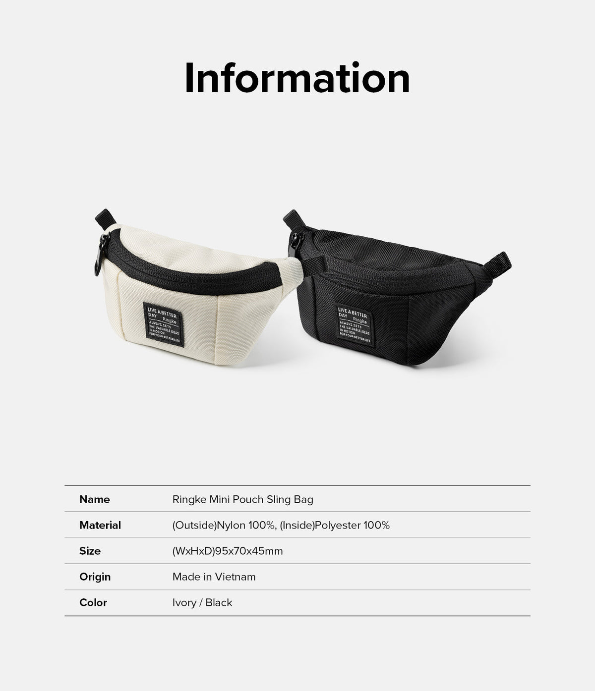 Mini Pouch | Sling Bag - Ivory and black mini sling bags with product information table listing material, size, and origin.