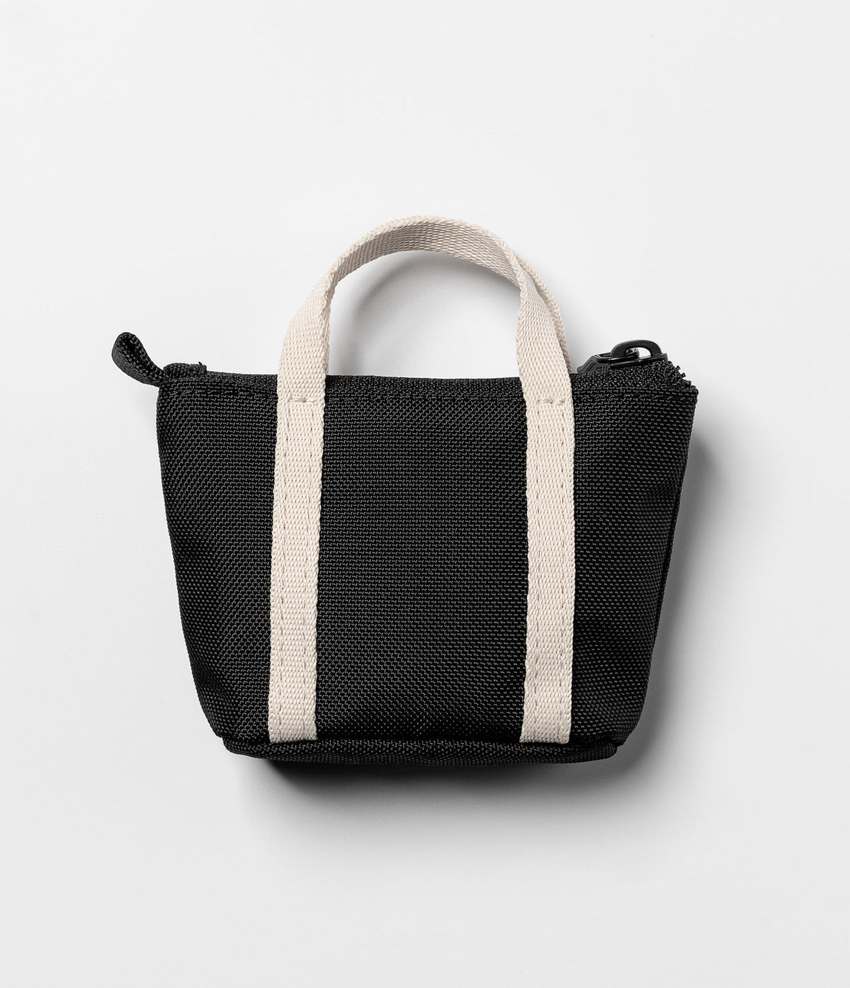 Mini Pouch | Tote Bag - Small black textured pouch with beige canvas handles and a top zipper on a white background.