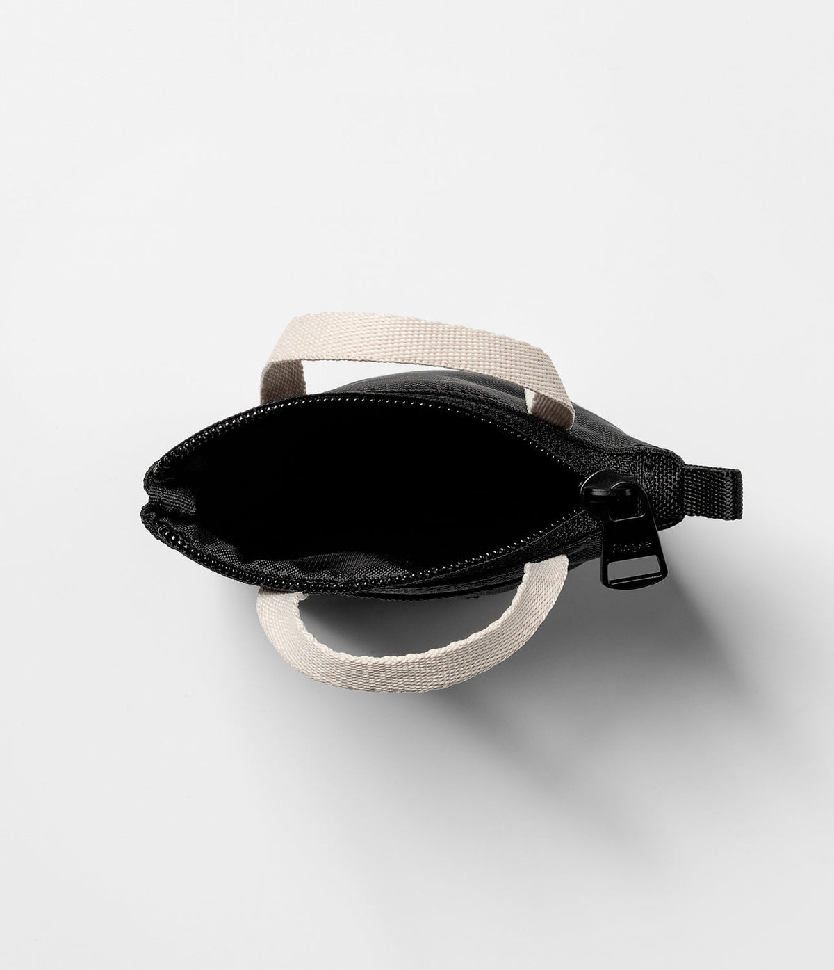 Mini Pouch | Tote Bag - Top-down view of an open black mini tote bag with beige handles and a black zipper on a white background.