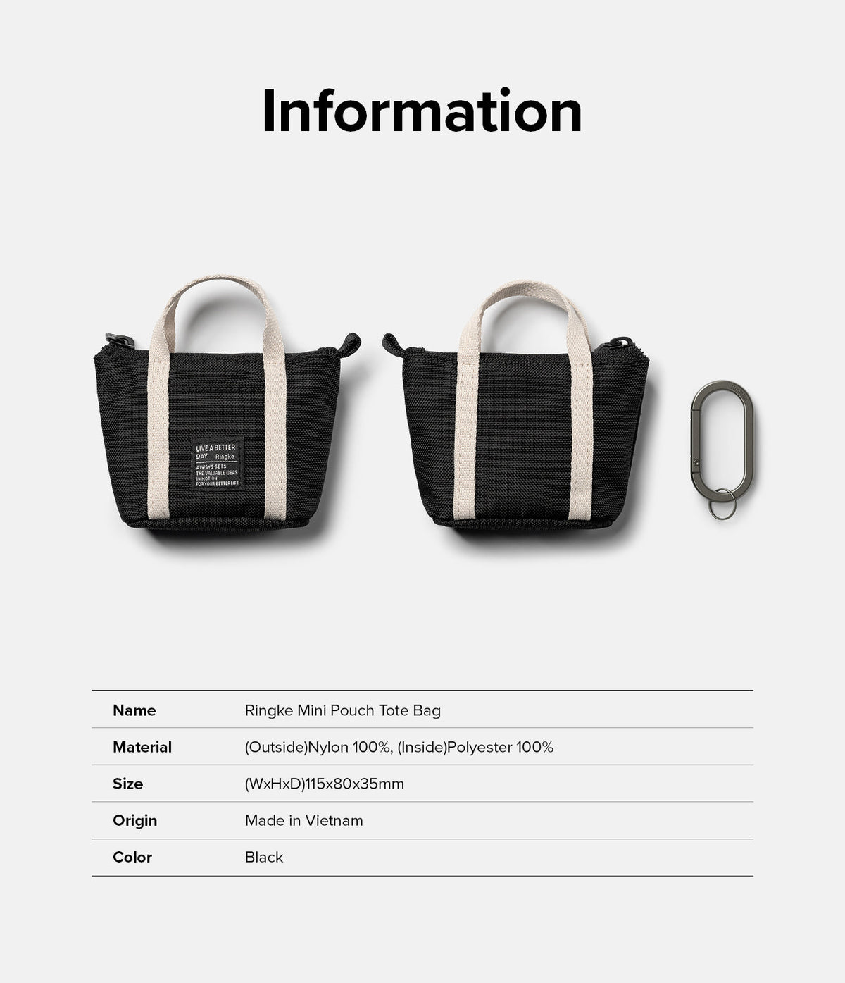Mini Pouch | Tote Bag - Two black mini tote bags with cream handles and a carabiner, displayed with product specifications.