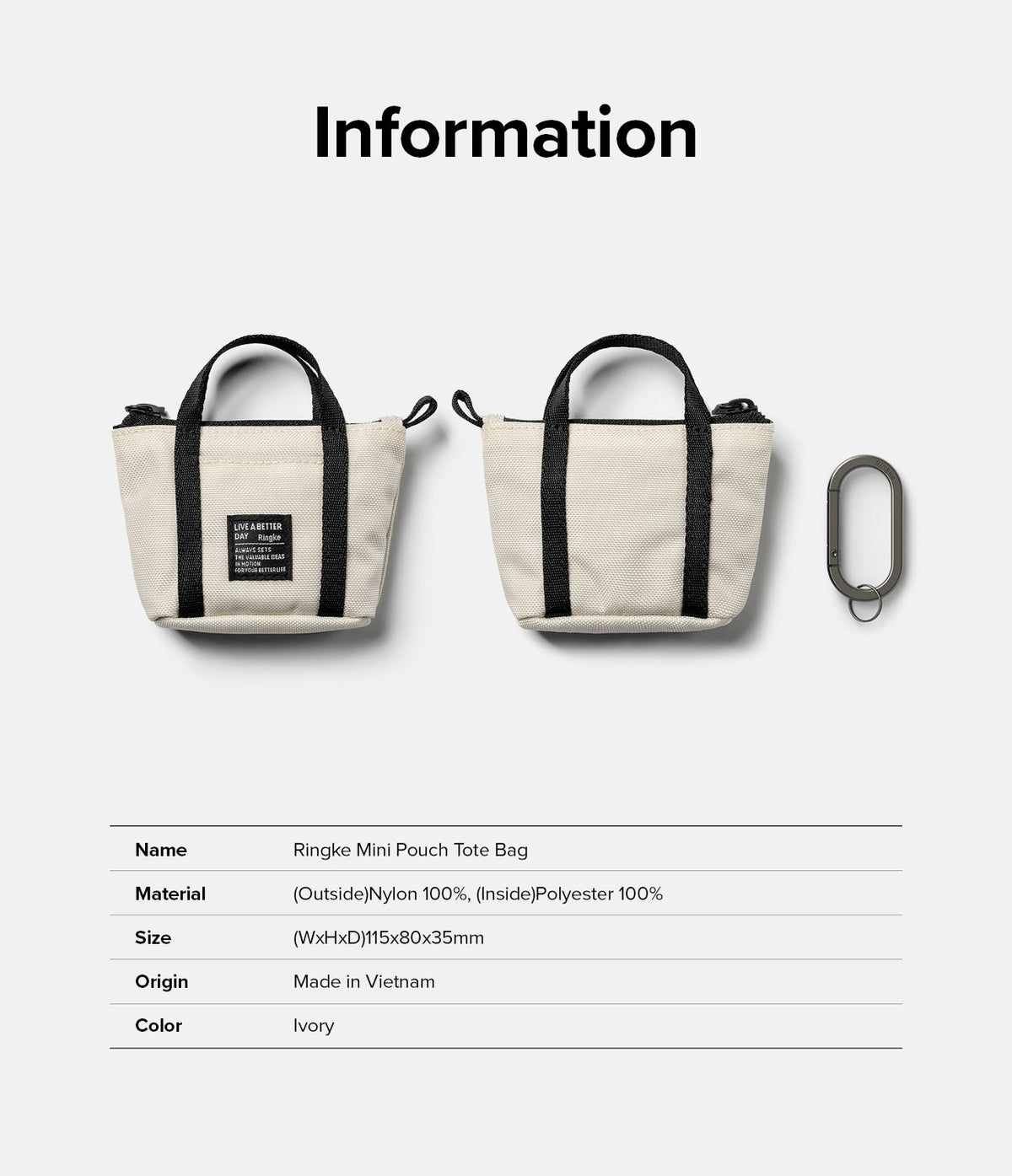 Mini Pouch | Tote Bag - Two ivory mini tote pouches with black handles and a metal carabiner, plus a product information table.