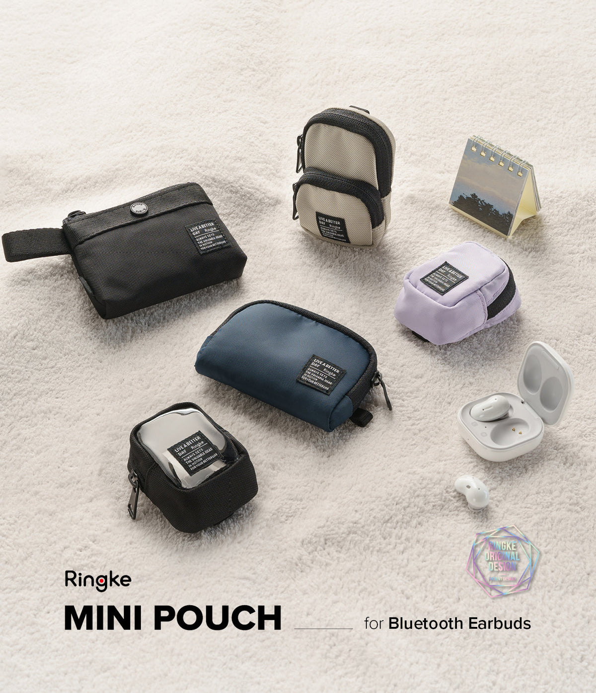 Mini Pouch | 2-Way Bag Miniature - Assorted small pouches and a miniature backpack arranged on a textured white surface.