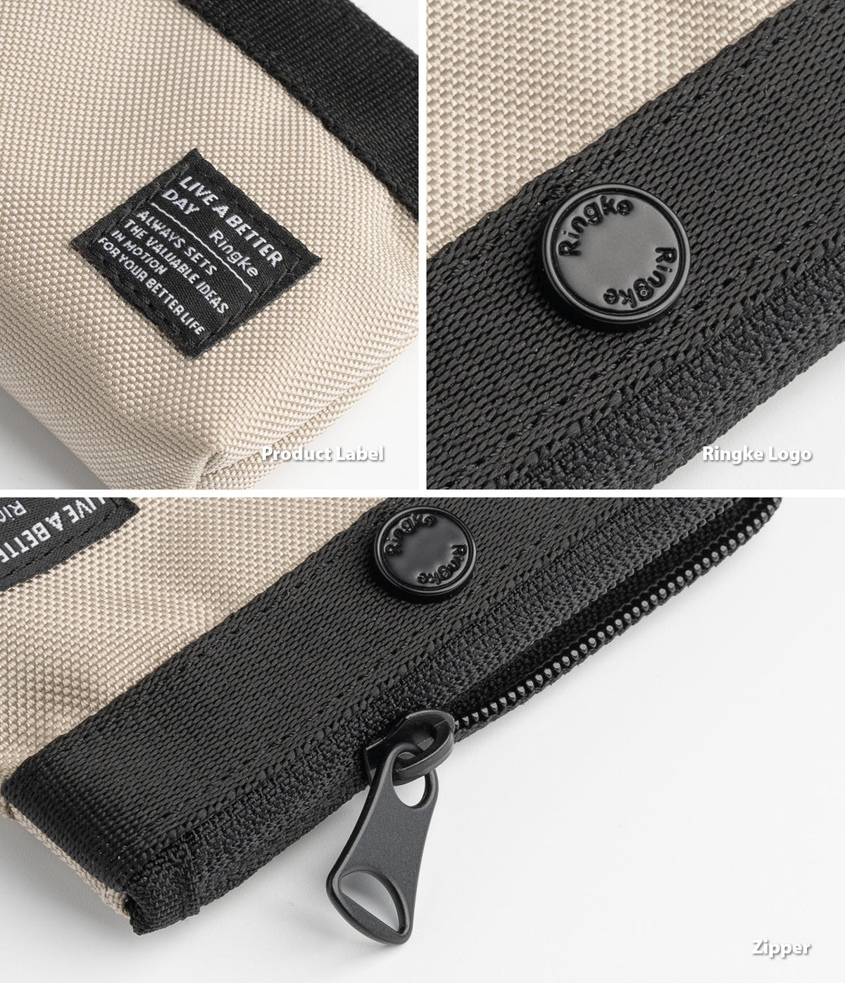 Mini Pouch | 2-Way Bag Miniature - Close-up of beige fabric, Ringke logo button, product label, and black zipper detail.