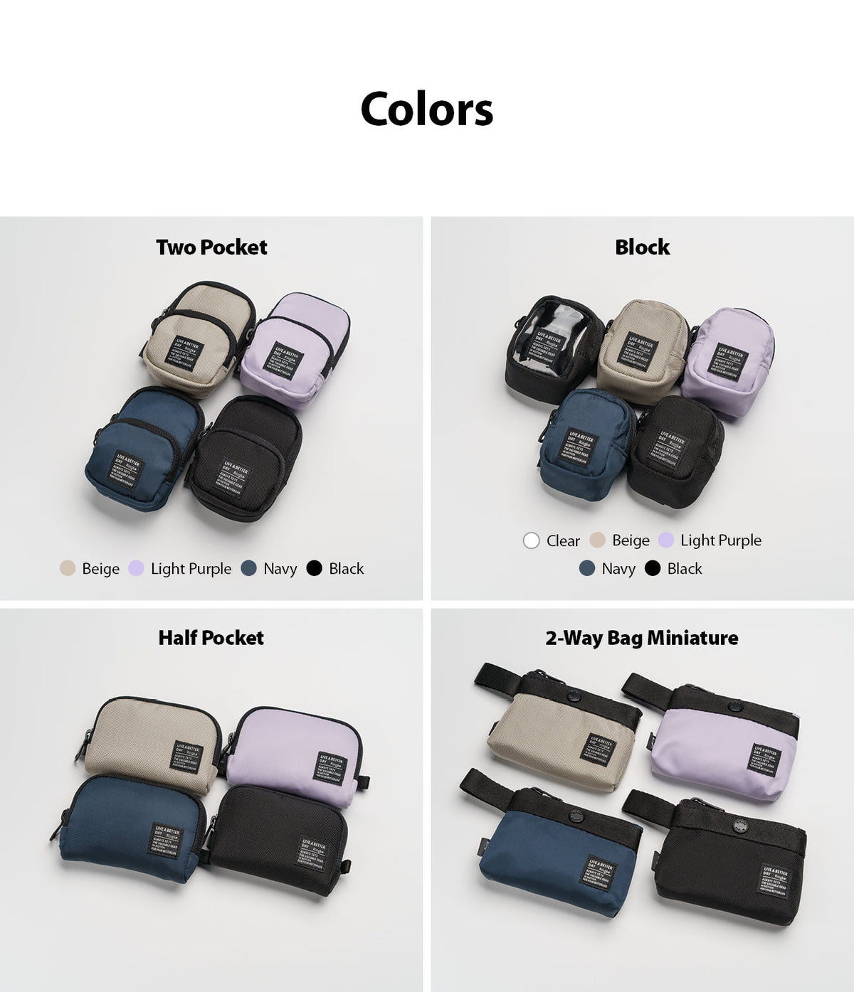 Mini Pouch | 2-Way Bag Miniature - Grid showing various pouch styles and colors including beige, purple, navy, and black.