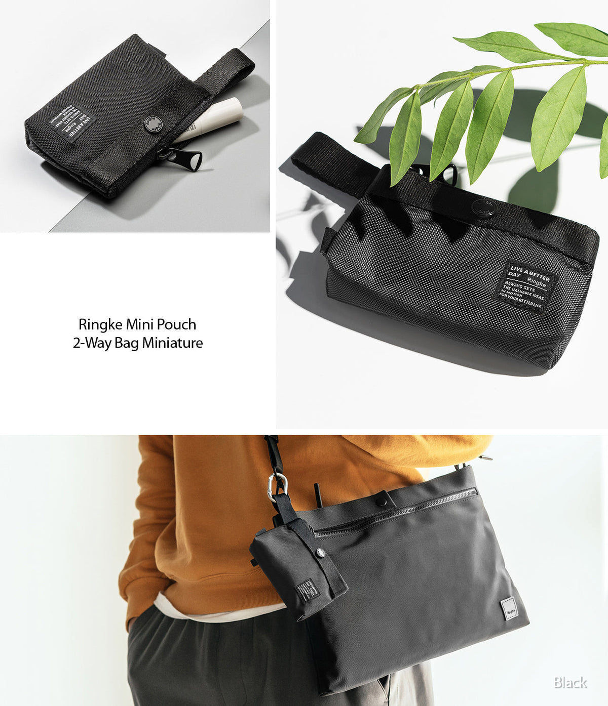 Mini Pouch | 2-Way Bag Miniature - Black nylon pouch with a wrist strap, zipper, and brand label, shown solo and attached to a bag.