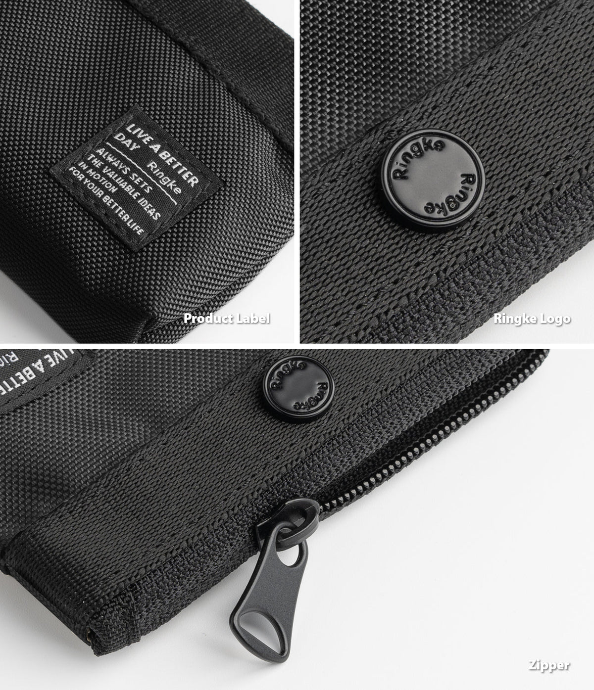 Mini Pouch | 2-Way Bag Miniature - Close-up of black fabric pouch showing branded label, circular Ringke logo button, and zipper pull.