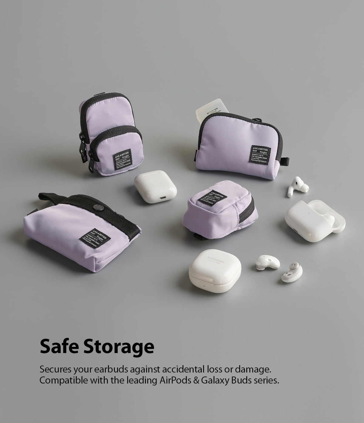 Mini Pouch | 2-Way Bag Miniature - Four light purple pouches arranged with various white wireless earbud cases on a gray surface.