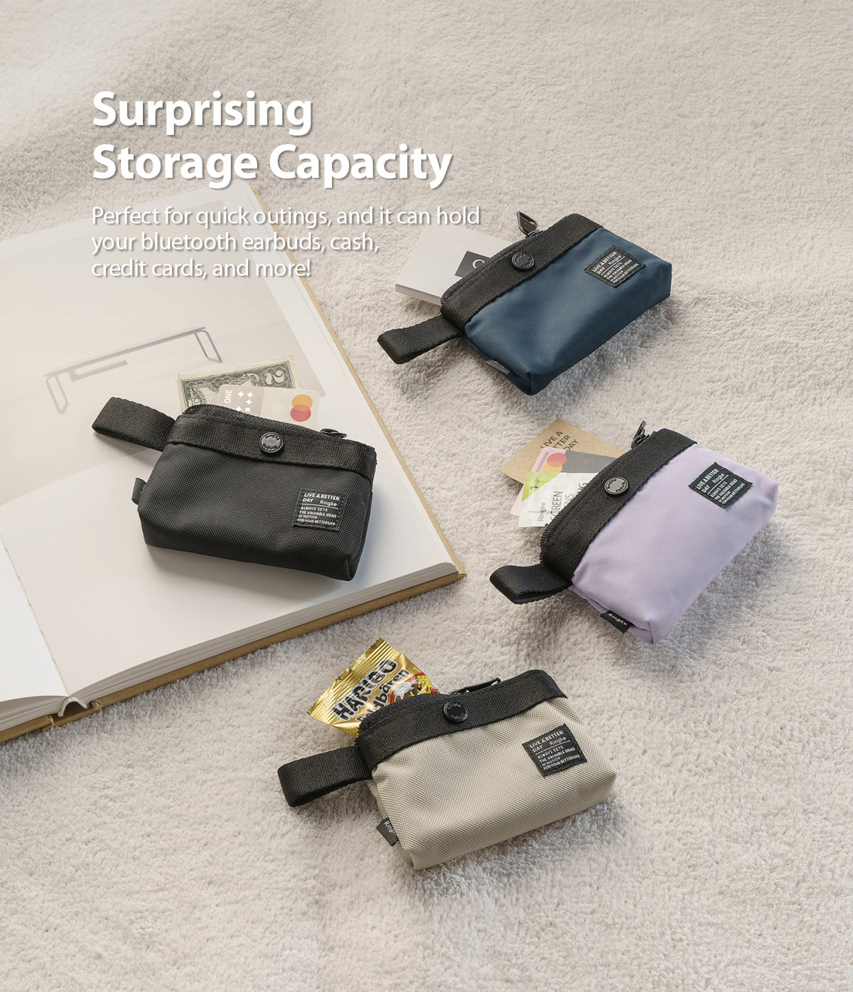 Mini Pouch | 2-Way Bag Miniature - Four small, colorful zippered pouches arranged on a textured surface, holding cash, cards, and snacks.