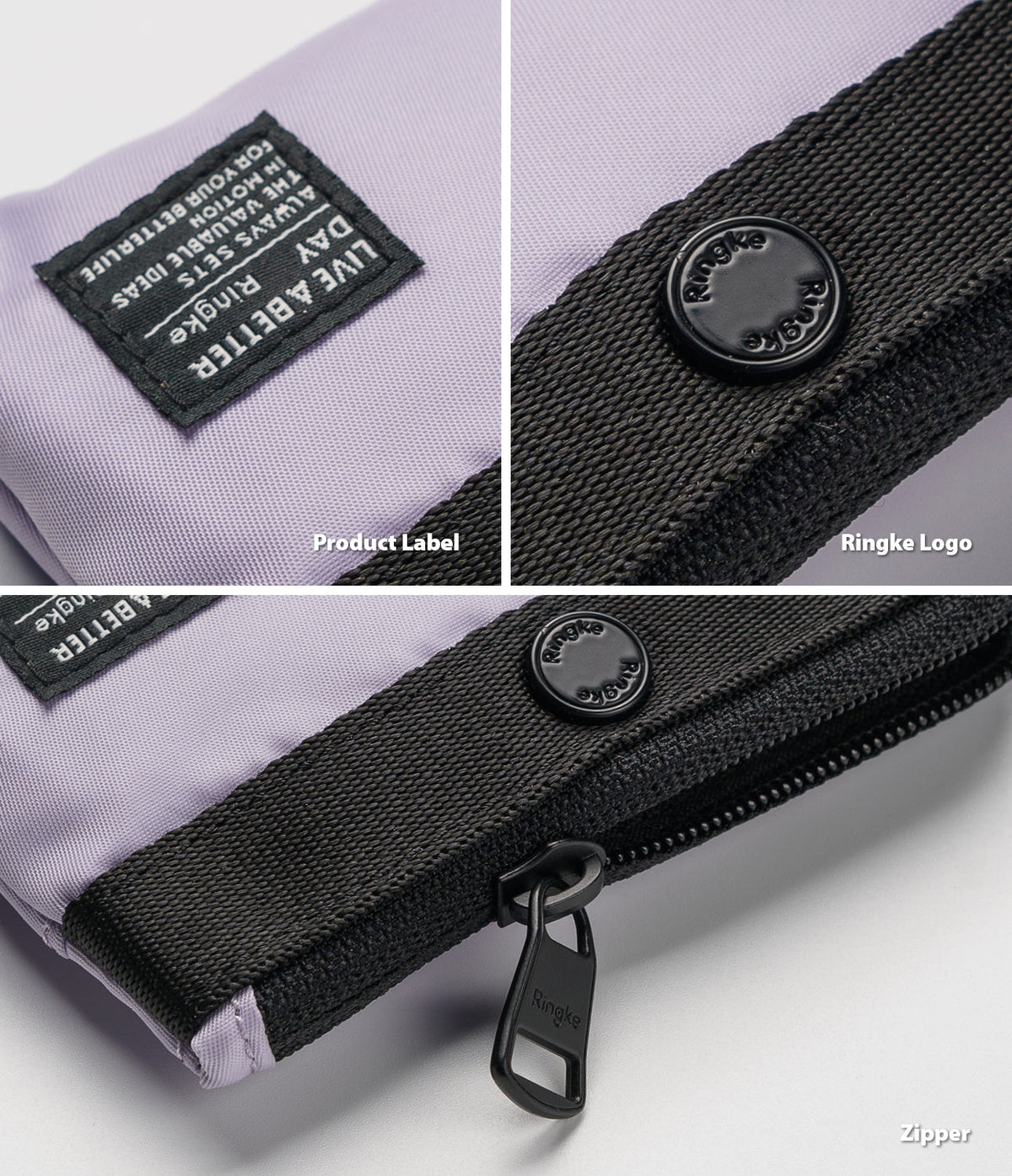 Mini Pouch | 2-Way Bag Miniature - Close-up of lavender pouch details including a branded label, Ringke logo button, and zipper.