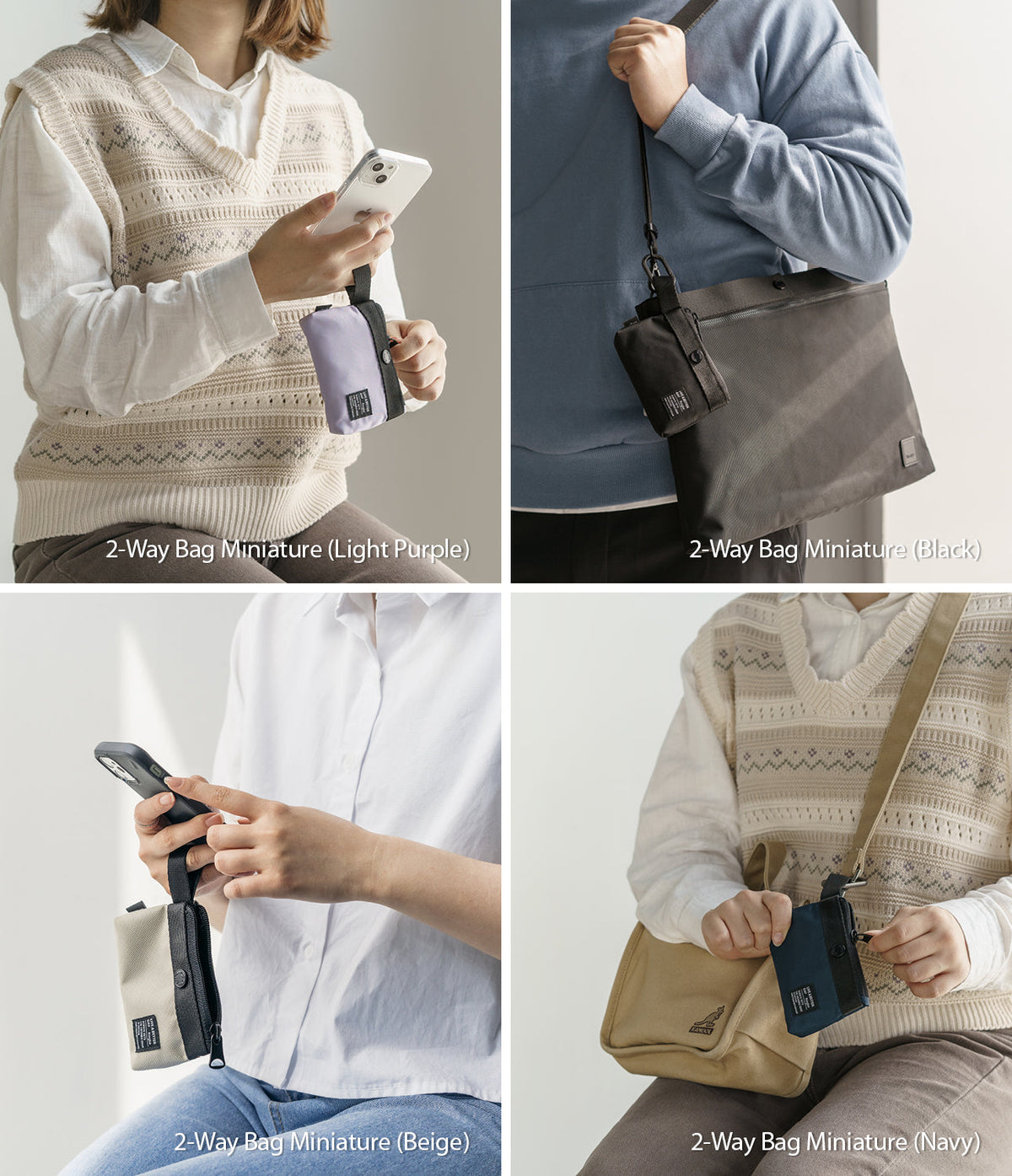 Mini Pouch | 2-Way Bag Miniature - Four panels showing miniature pouches in light purple, black, beige, and navy attached to bags.