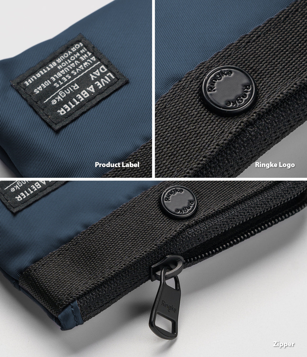 Mini Pouch | 2-Way Bag Miniature - Close-up of navy pouch details including a branded fabric label, logo button, and zipper.