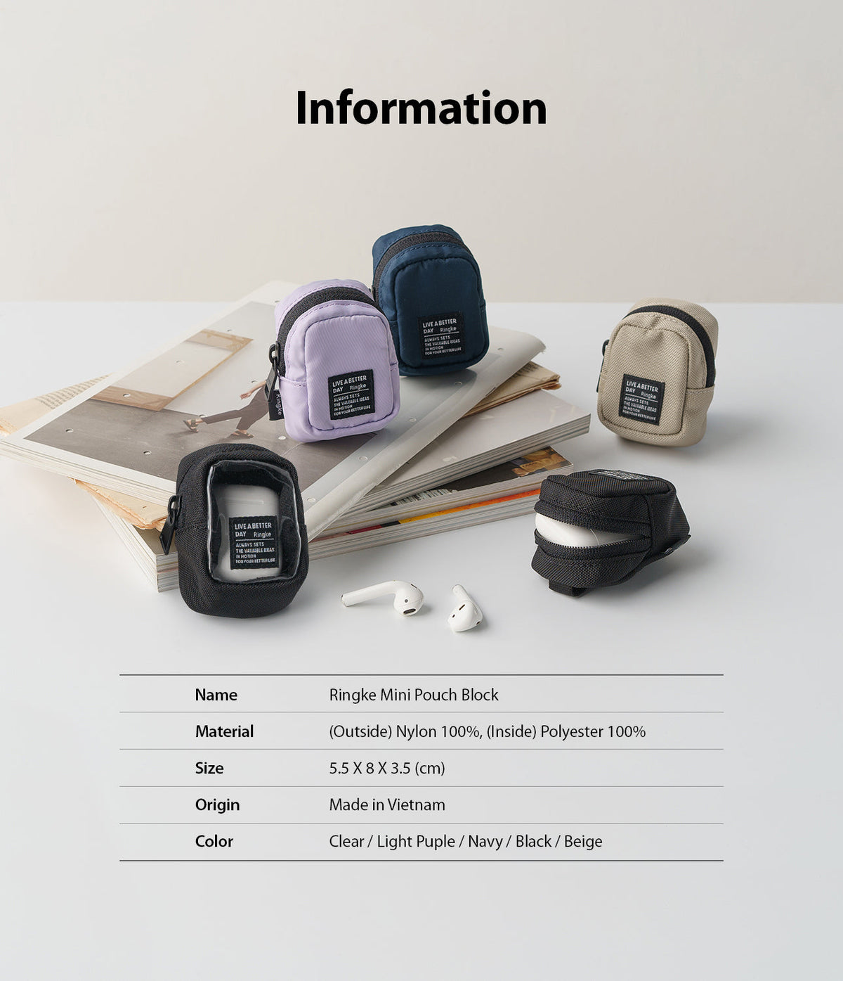 Mini Pouch | Block - Five small colorful pouches arranged on a stack of magazines with product specifications listed below.